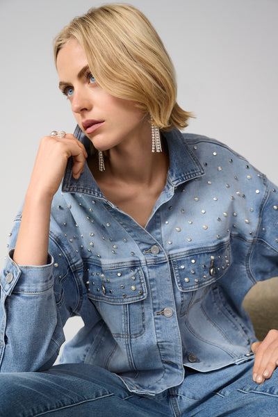Joseph Ribkoff Denim Oversized Jacket With Pearls & Studs Style