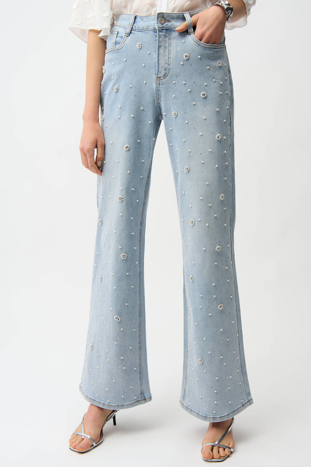 Joseph Ribkoff Wide Leg Jeans With Pearl and Rhinestones Style 261960