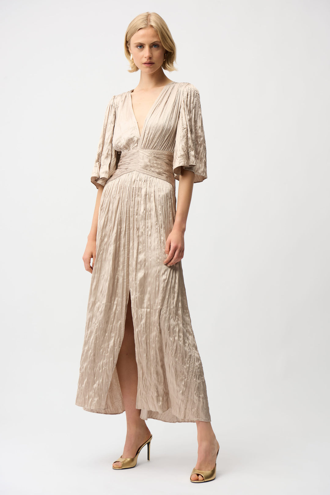 Joseph Ribkoff Satin Fit and Flare Pleated Dress with Knot Waist Detail Style 261962.