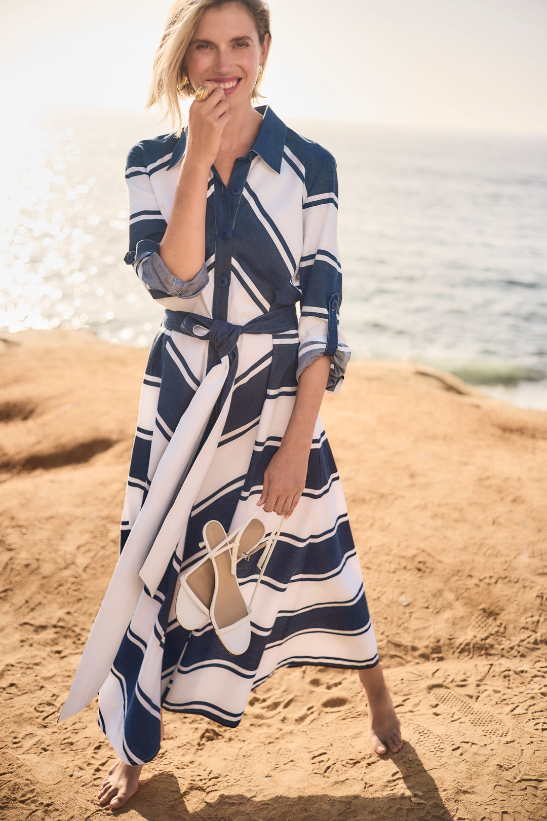 Joseph Ribkoff Stripe Print Fit & Flare Dress with Sash Style 261936 Navy/White / XL Joseph Ribkoff Stripe Print Fit & Flare Dress with Sash Style 261936 Navy/White / XL