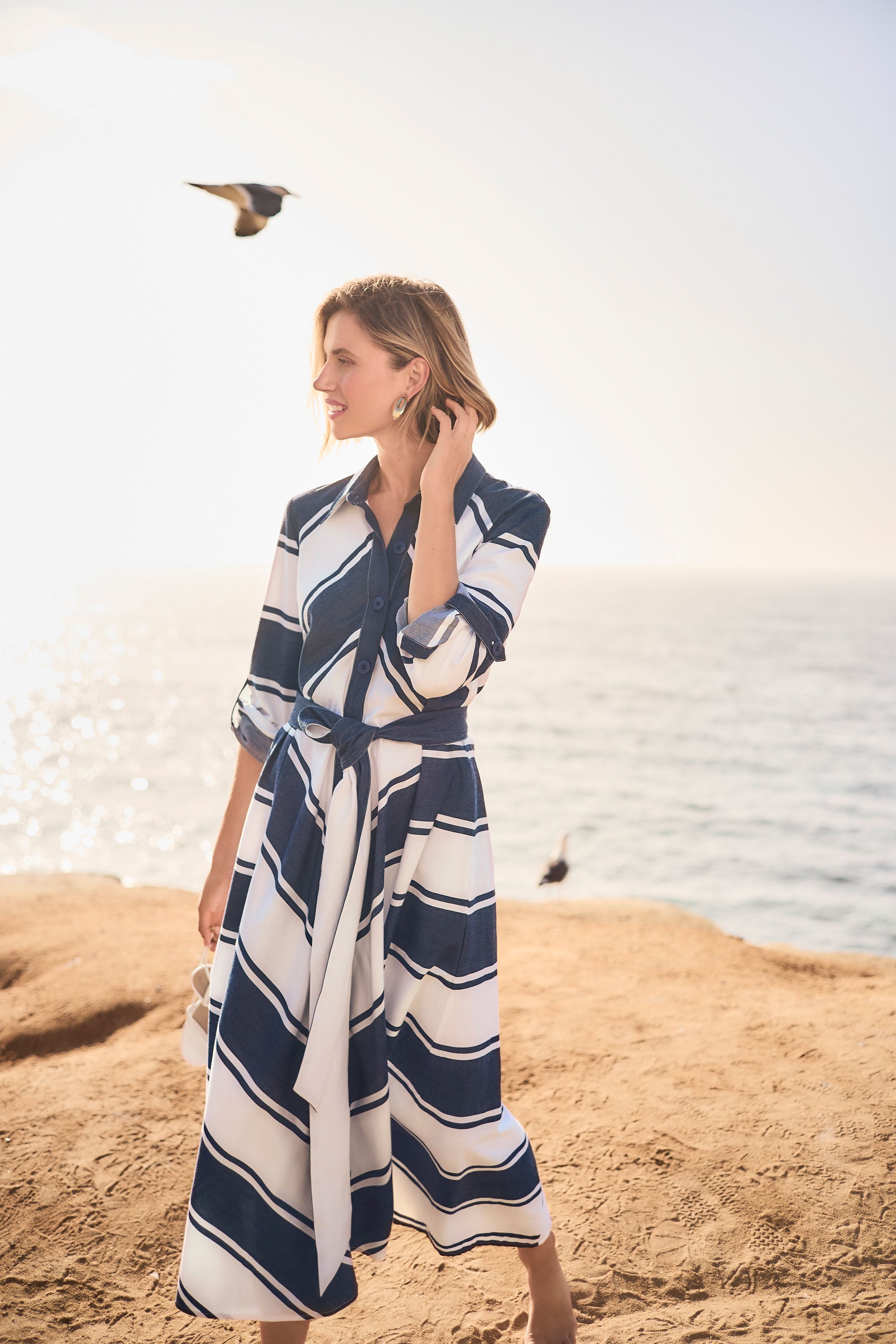 flared shirt dress Fit & Flare Shirt Dress | AirWeave Stretch Linen (Star White)