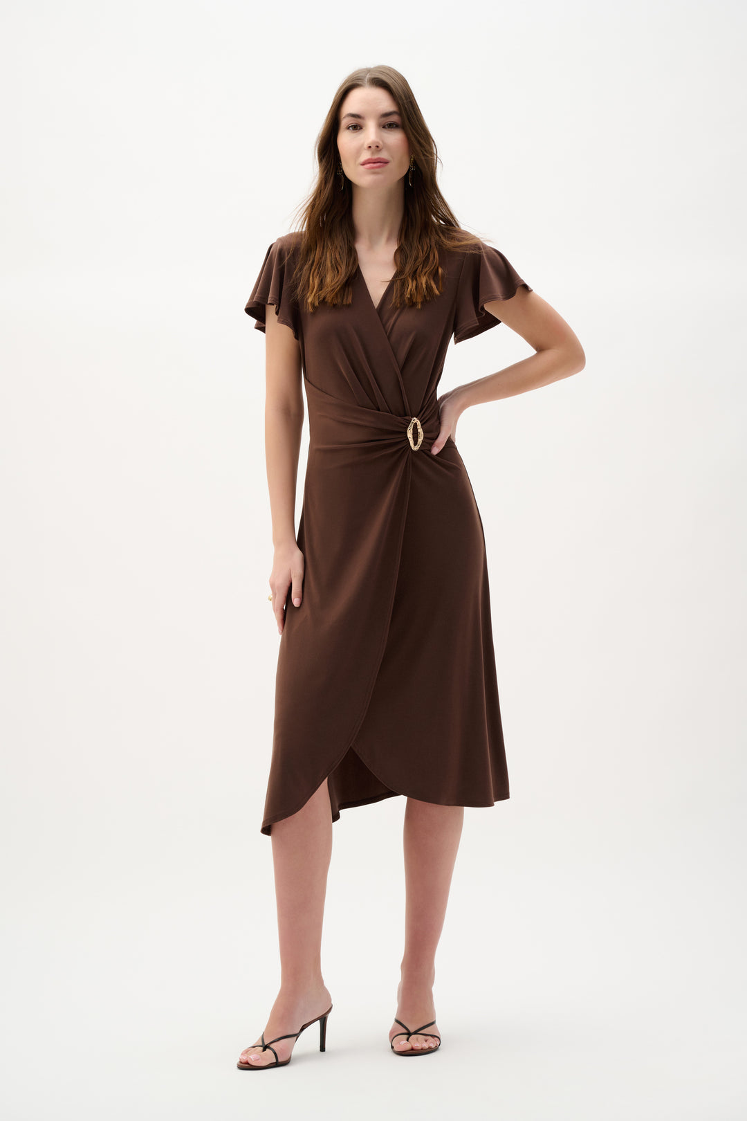 Joseph Ribkoff Gold Buckle Wrap Dress With Ruffled Sleeves Style 262140