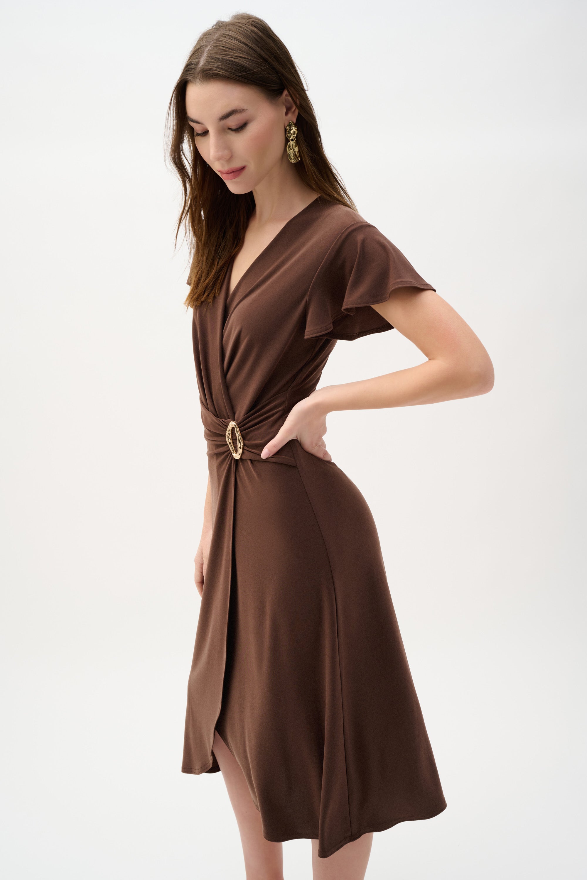 brown dress with gold belt Dream Come True Brown Metallic Stretch Ruched Belted Midi Dress