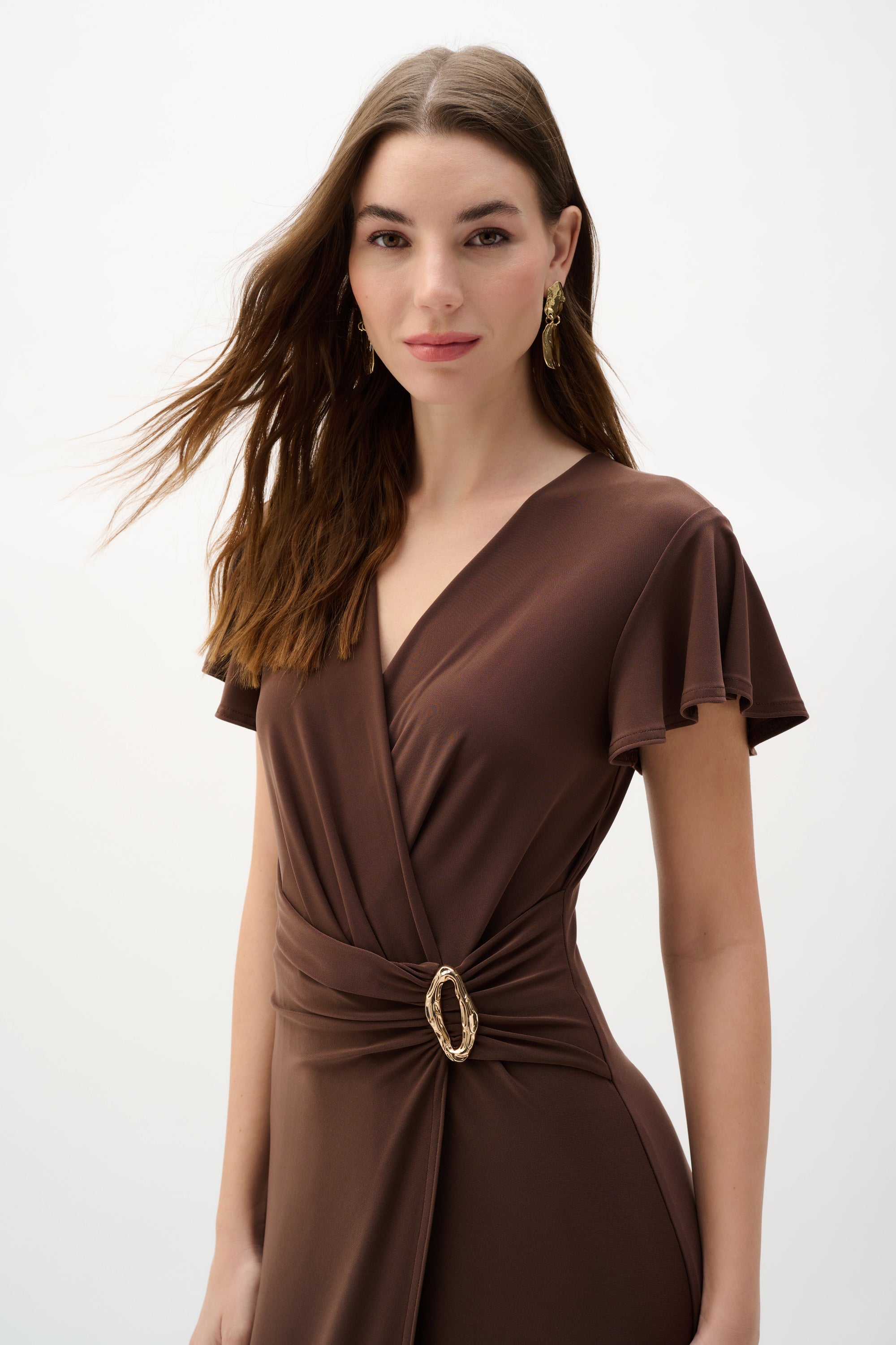 Joseph Ribkoff Gold Buckle Wrap Dress With Ruffled Sleeves Style 26214 DECABANA Joseph Ribkoff Gold Buckle Wrap Dress With Ruffled Sleeves Style 26214 DECABANA
