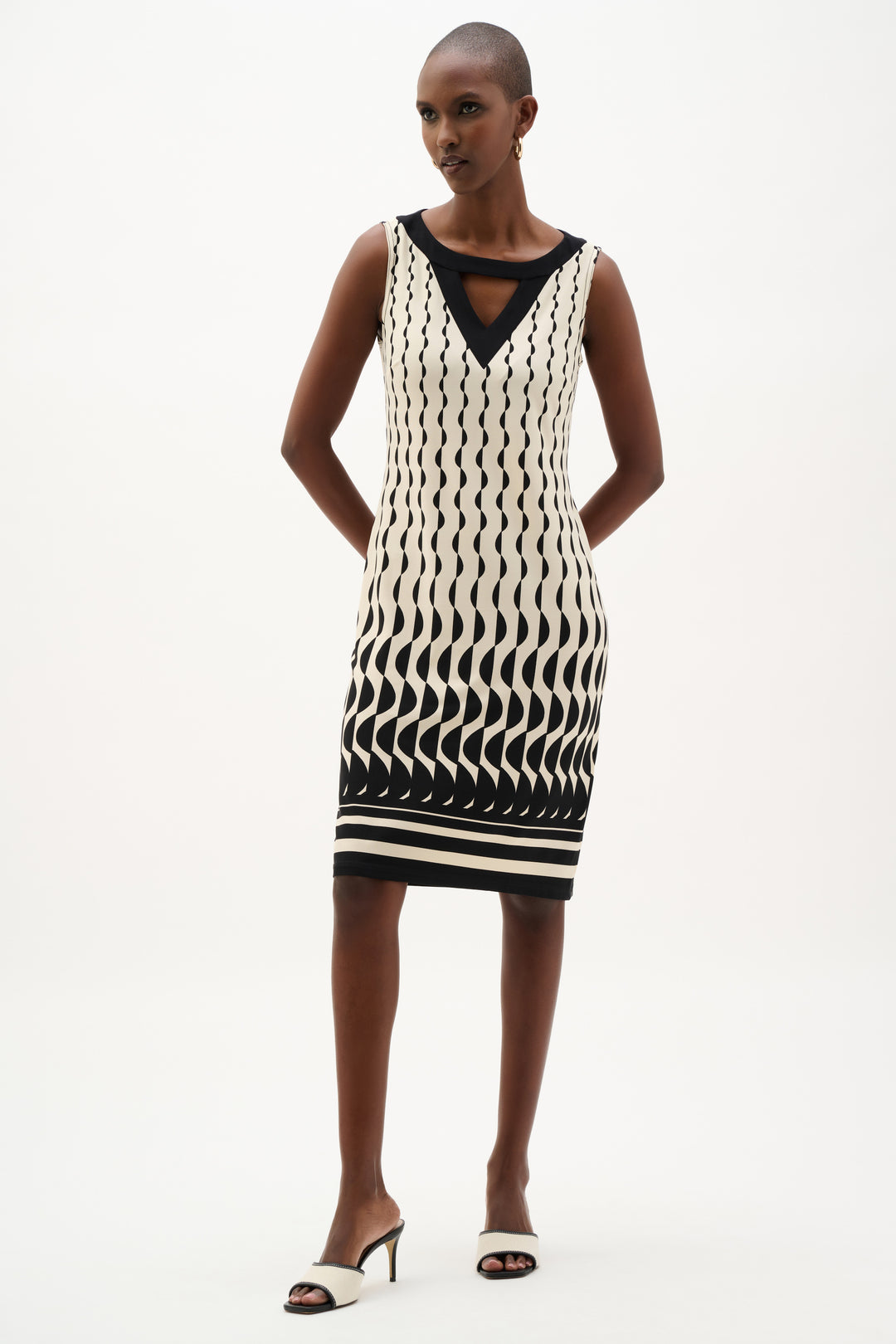 Joseph Ribkoff Geometric Print Sheath Dress Style 262218 Beige/Black / 6 Joseph Ribkoff Geometric Print Sheath Dress Style 262218 Beige/Black / 6