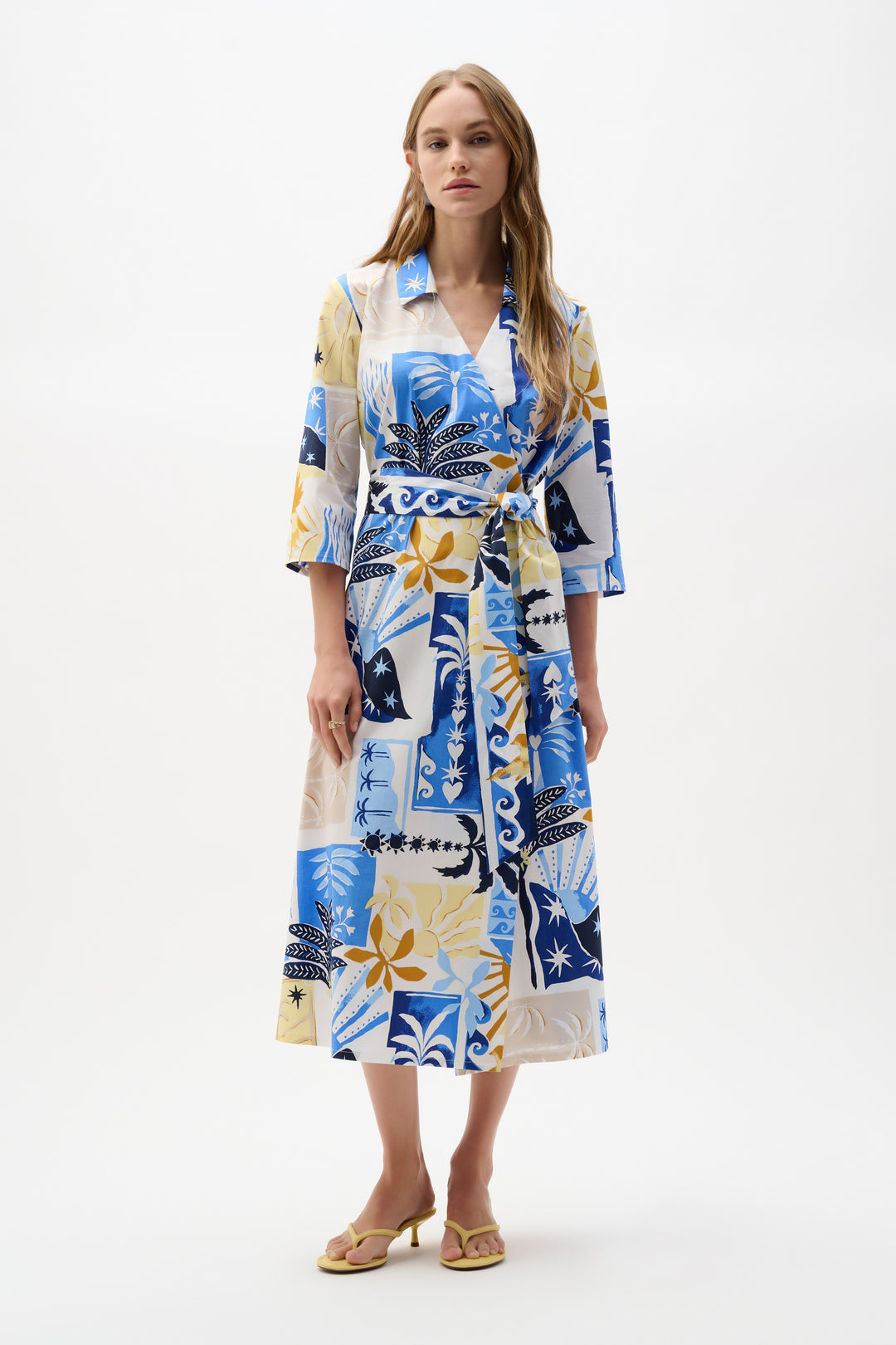 Joseph Ribkoff Cotton Tropical Print A-Line Wrap Dress Style 262225 Vanilla/Multi / 8 Joseph Ribkoff Cotton Tropical Print A-Line Wrap Dress Style 262225 Vanilla/Multi / 8