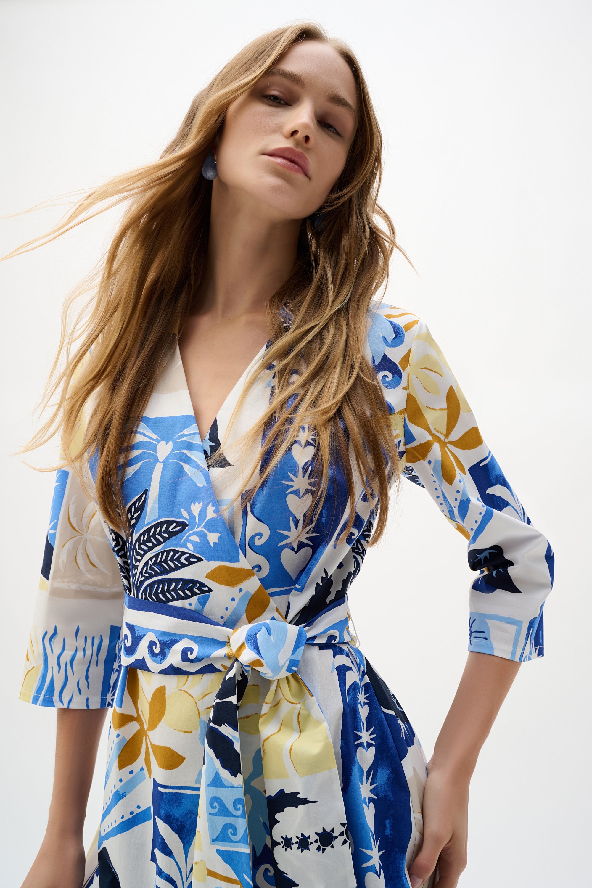 Joseph Ribkoff Cotton Tropical Print A-Line Wrap Dress Style 262225 Vanilla/Multi / 8 Joseph Ribkoff Cotton Tropical Print A-Line Wrap Dress Style 262225 Vanilla/Multi / 8