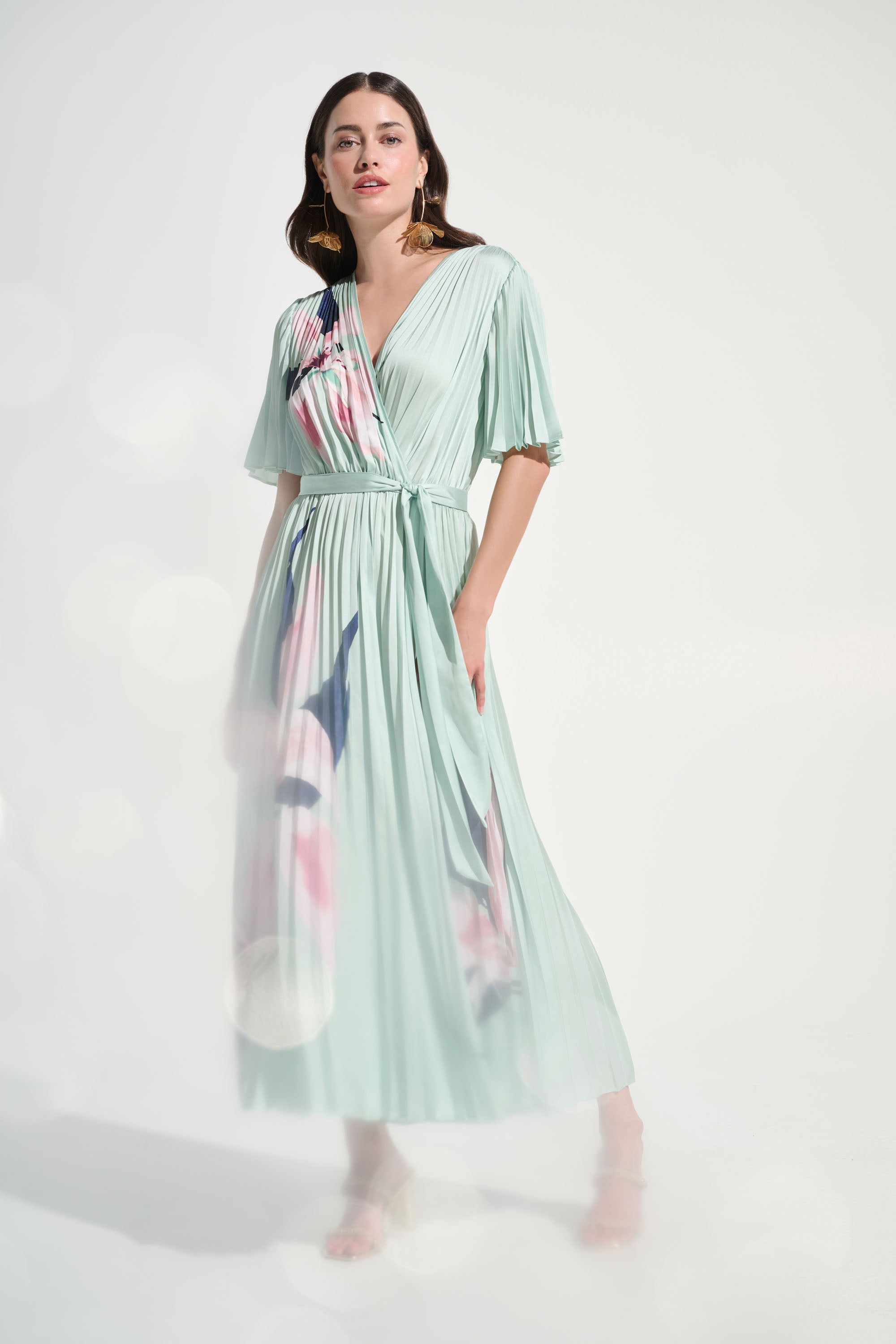 Joseph Ribkoff Pleated Floral Maxi Wrap Dress Style 262712 Green/Multi / XS Joseph Ribkoff Pleated Floral Maxi Wrap Dress Style 262712 Green/Multi / XS