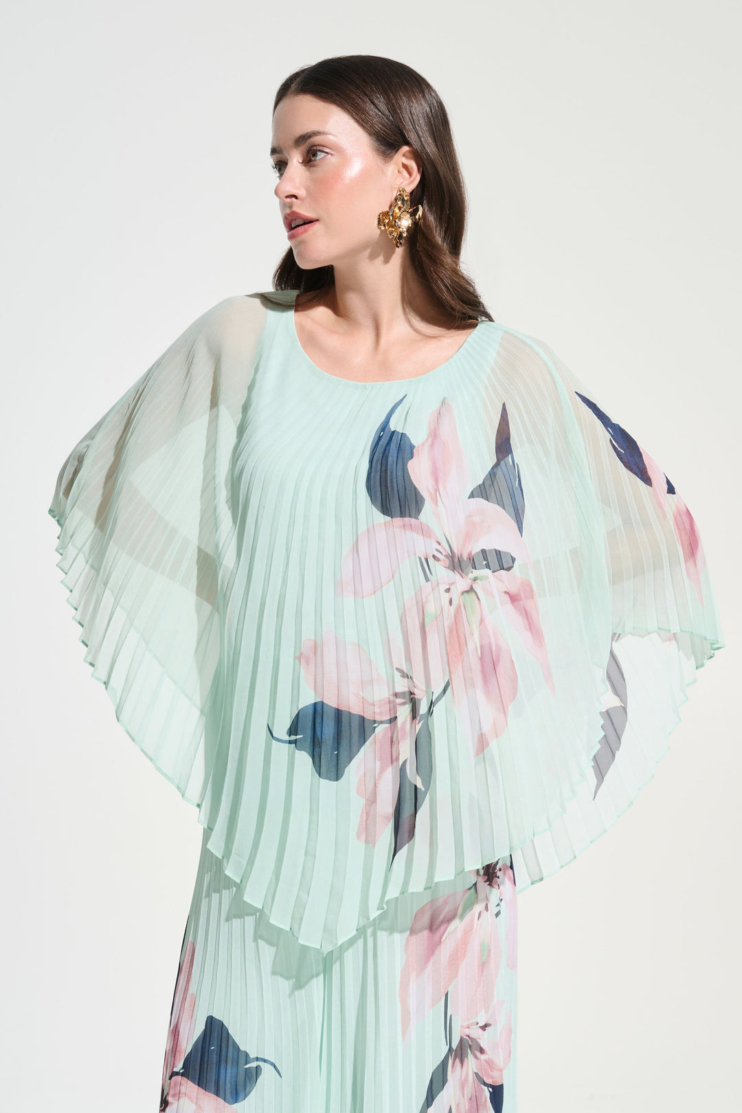 Joseph Ribkoff Chiffon Floral Print Pleated Poncho Top Style 262724