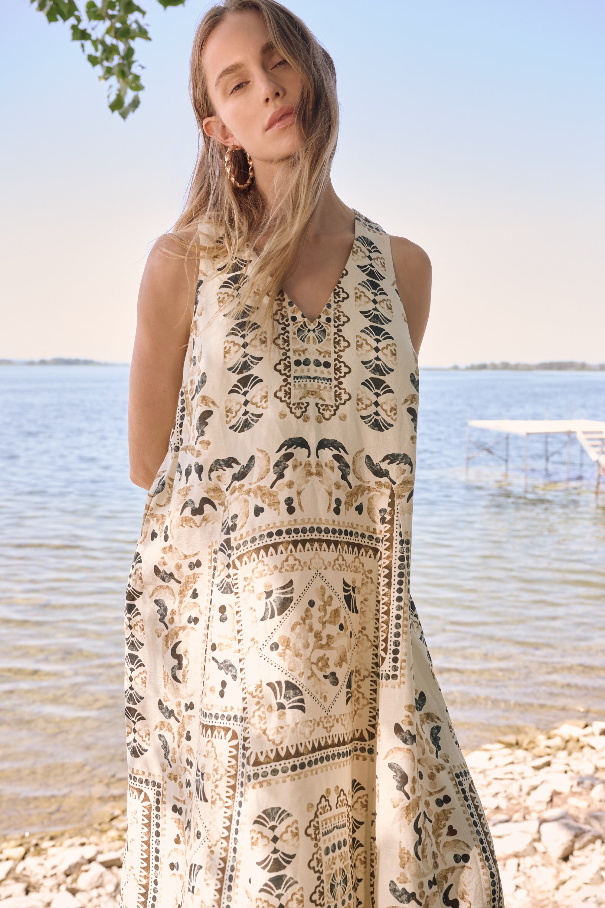 Joseph Ribkoff Linen Blend Scarf Print A-Line Dress Style 262908 DECABANA Joseph Ribkoff Linen Blend Scarf Print A-Line Dress Style 262908 DECABANA