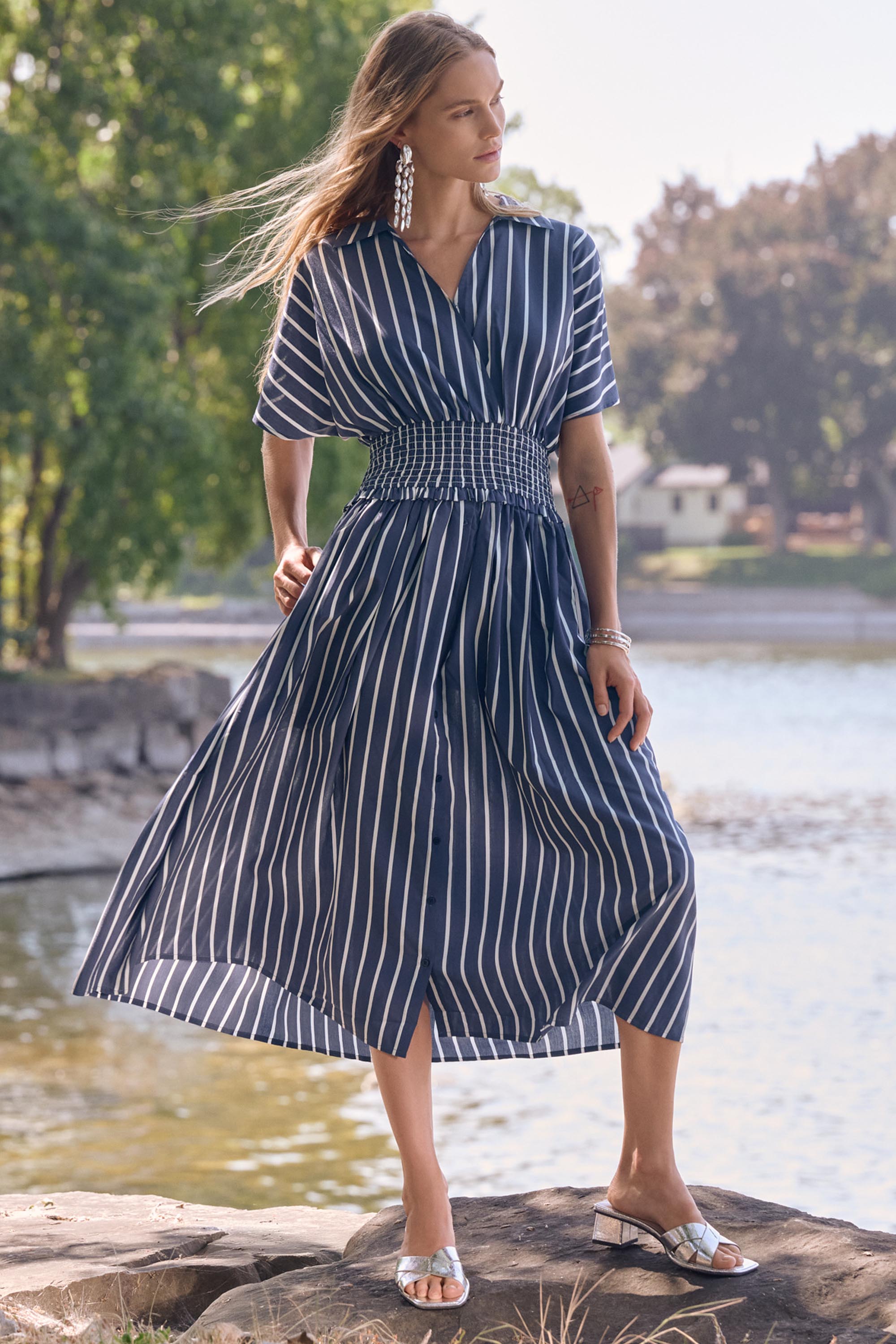 Joseph Ribkoff Flowy Stripe Print Fit & Flare Dress Style 262912 Blue/White / XL Joseph Ribkoff Flowy Stripe Print Fit & Flare Dress Style 262912 Blue/White / XL
