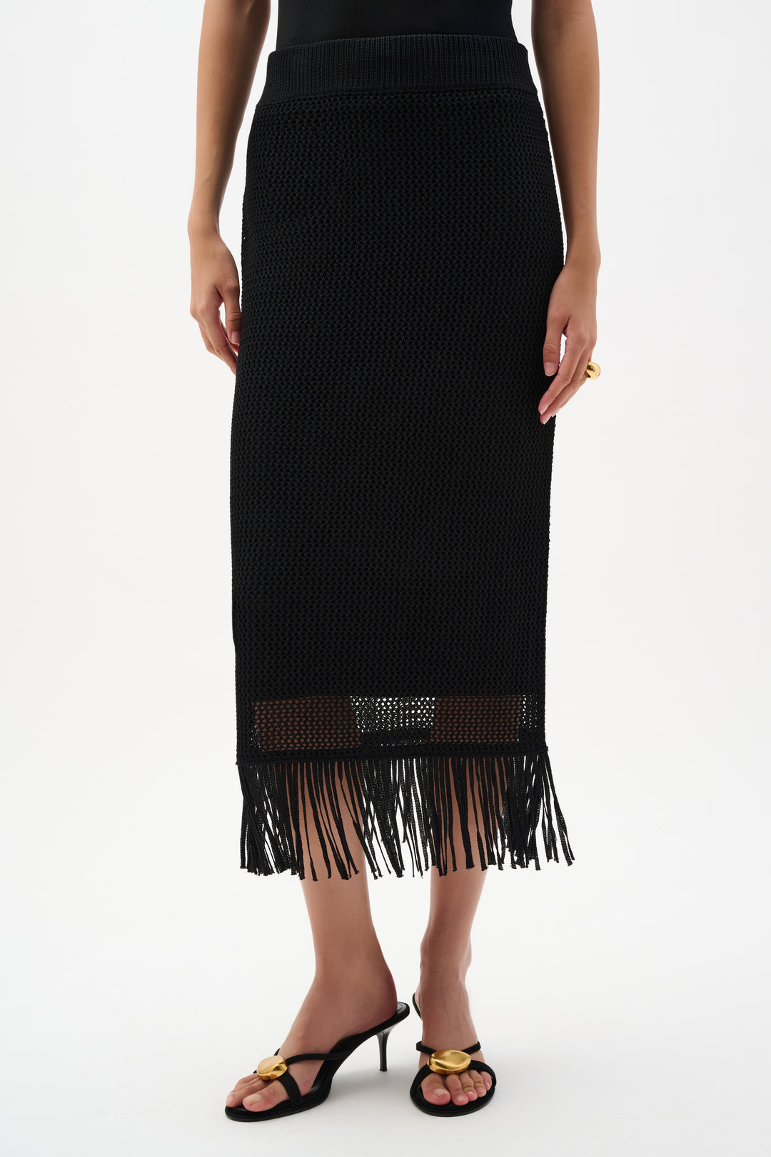 Joseph Ribkoff Viscose Sweater Knit Pull-On Skirt With Fringe Trim Style 262929.