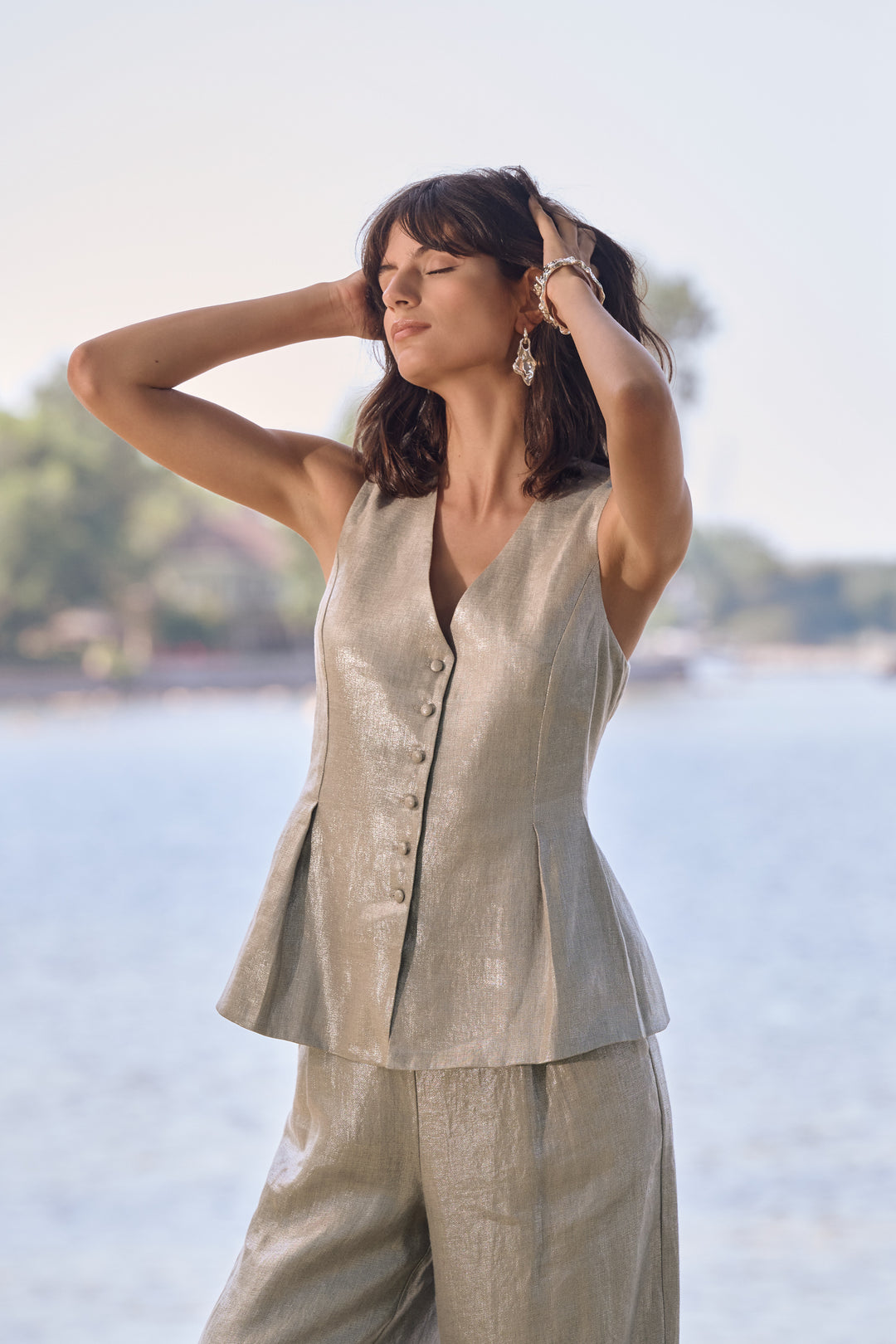 Joseph Ribkoff Foiled Linen Peplum Vest Style 2629444