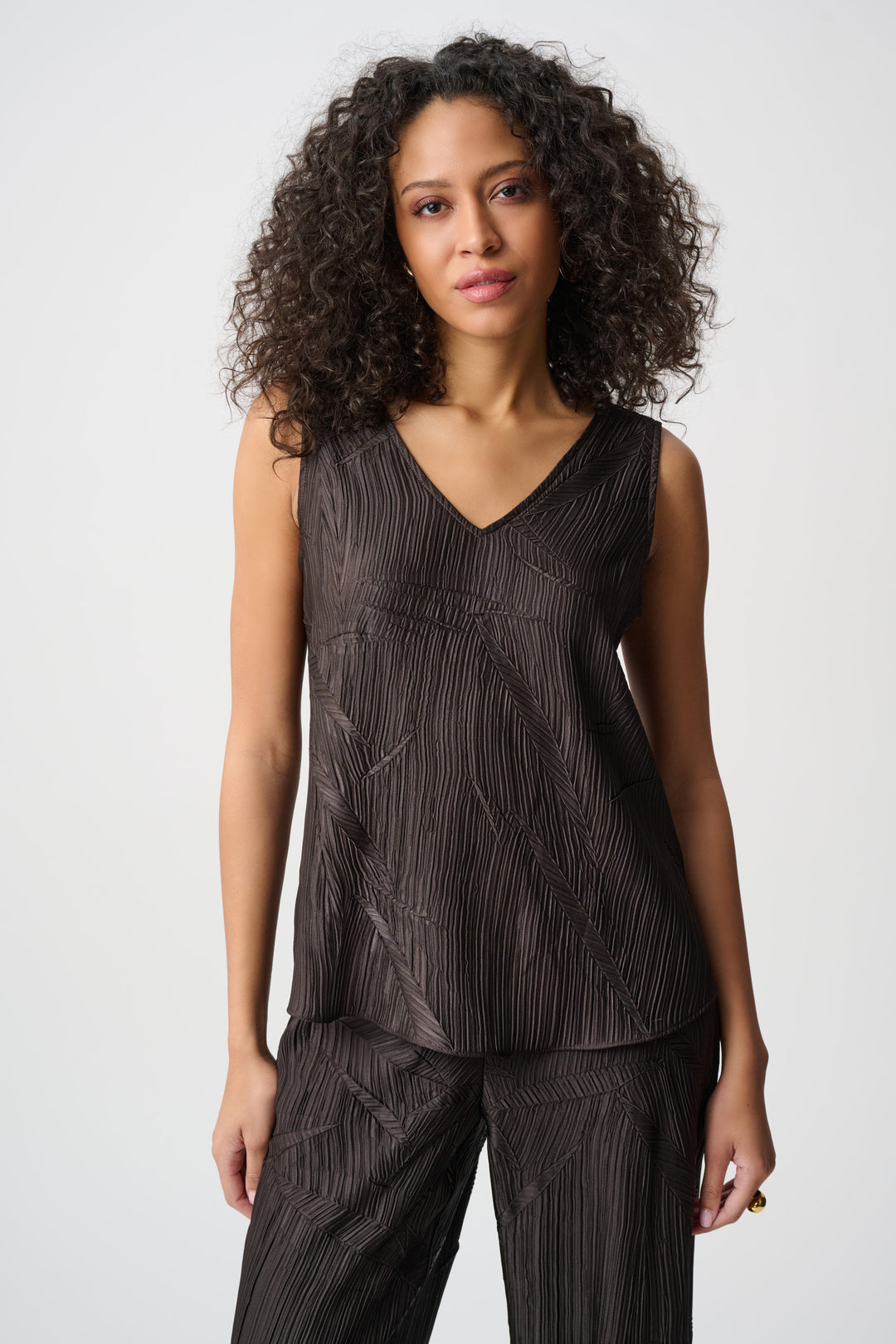 Joseph Ribkoff Pleated Satin Flared V-Neck Top Style 263051.