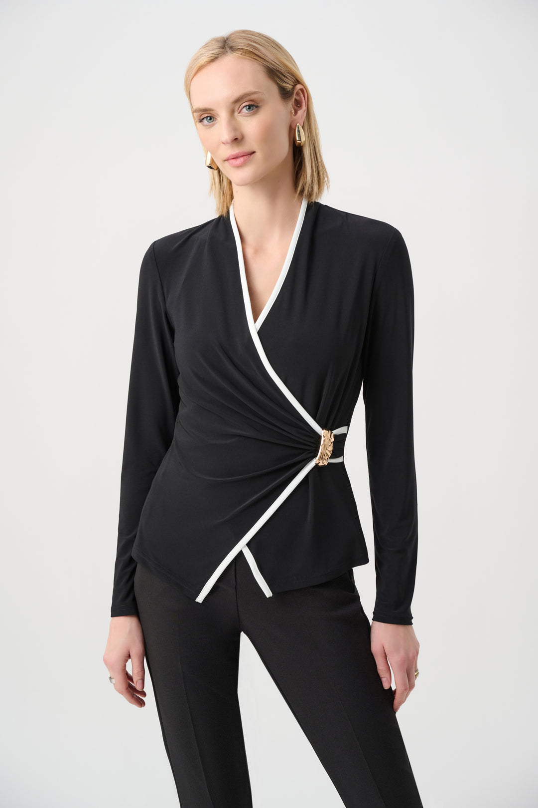 Joseph Ribkoff Silky Knit Contrast Trim Wrap Top Style 263053