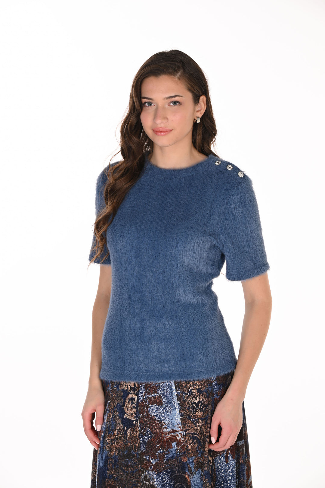 Frank Lyman Jeweled Button Short-Sleeve Pullover Style 263322