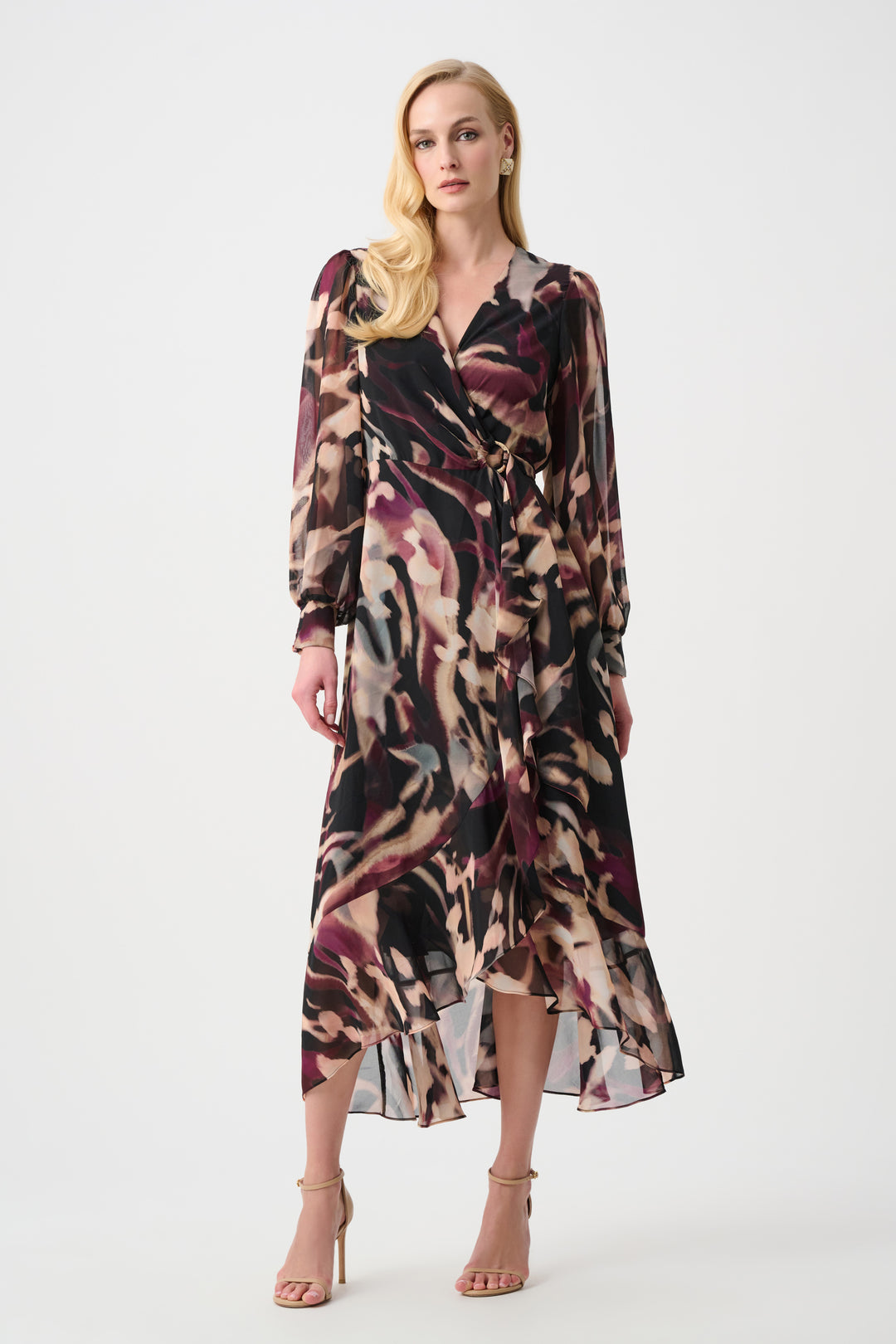 Joseph Ribkoff Chiffon Printed Fit and Flare Wrap Dress Style 263739 Black/Multi / 18 Joseph Ribkoff Chiffon Printed Fit and Flare Wrap Dress Style 263739 Black/Multi / 18