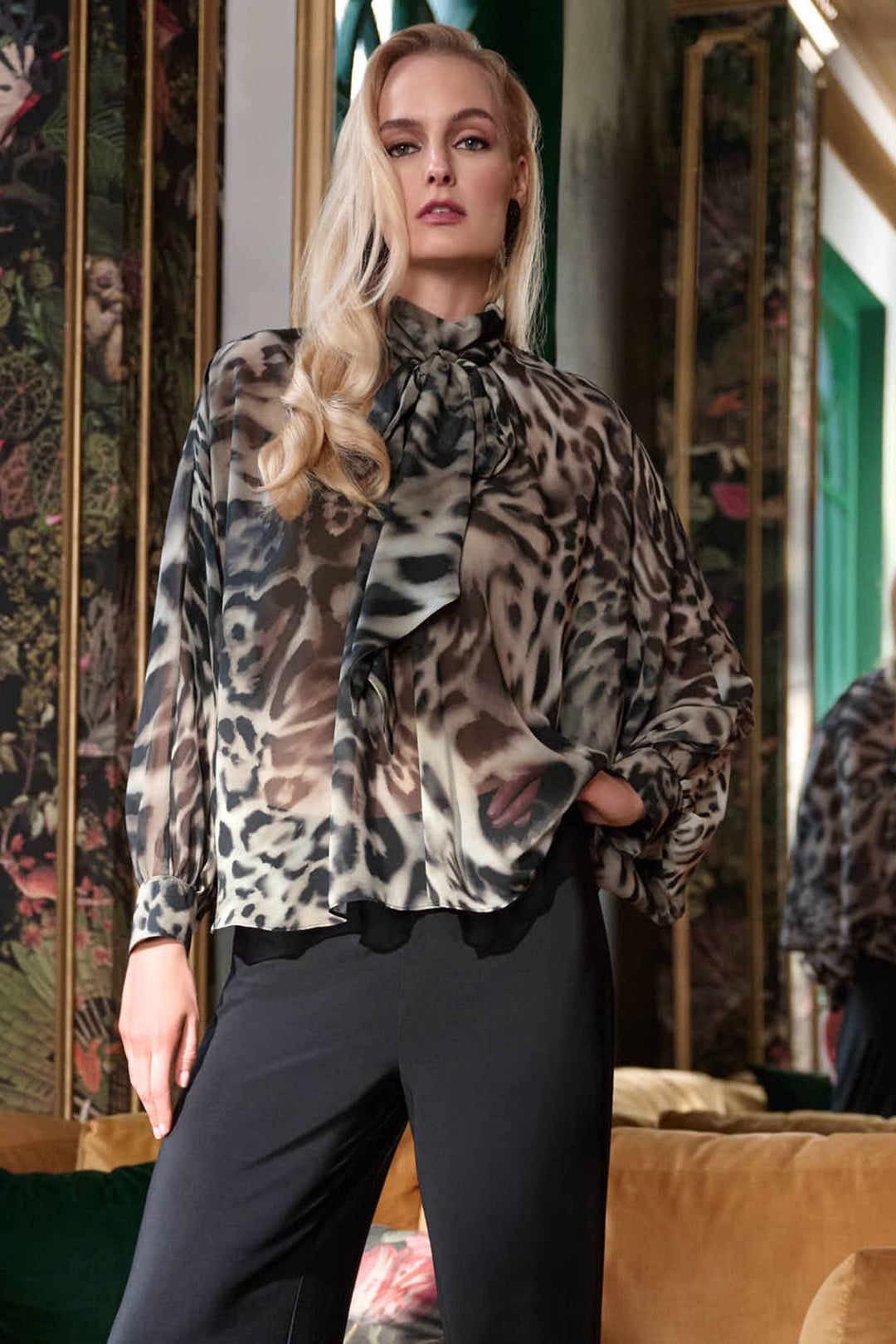 Joseph Ribkoff Chiffon Animal Print Boxy Top With Bow Tie Style 263743