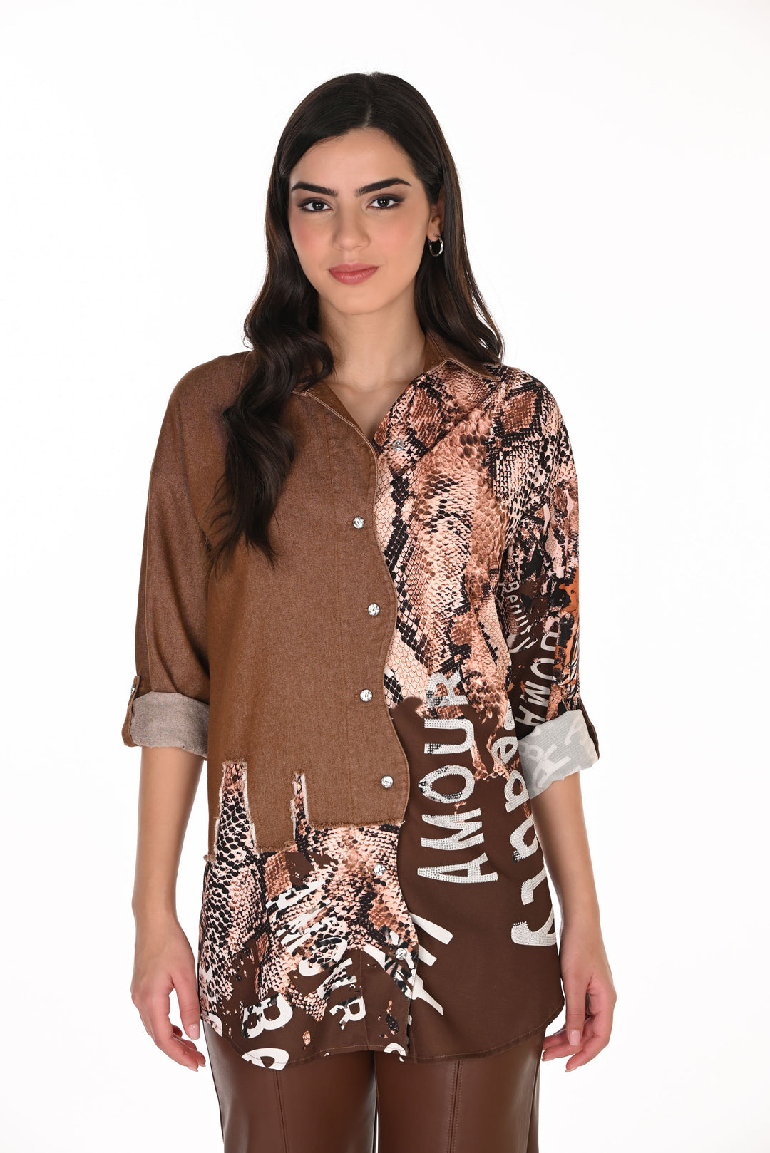 Frank Lyman Jeweled Animal & Text-Print Blouse Style 263759