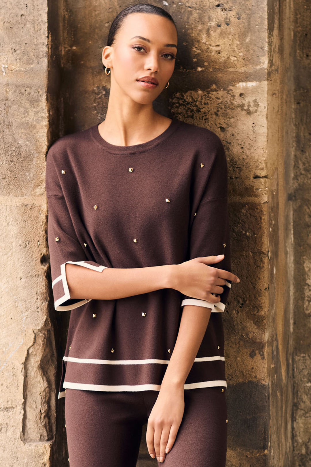 Frank Lyman Studded Border-Trim Sweater Knit Top Style 263765