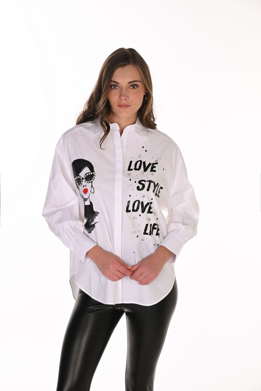 Frank Lyman Jeweled Graphic & Text-Print Shirt Style 263766