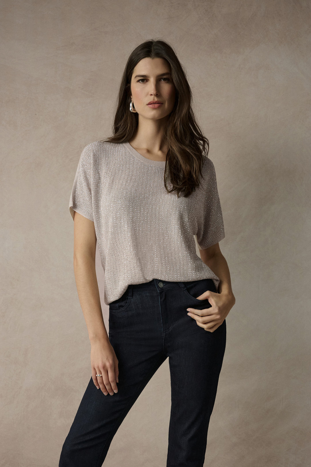 Joseph Ribkoff Metallic Knitted T-shirt with Rhinestones Style 263900CO