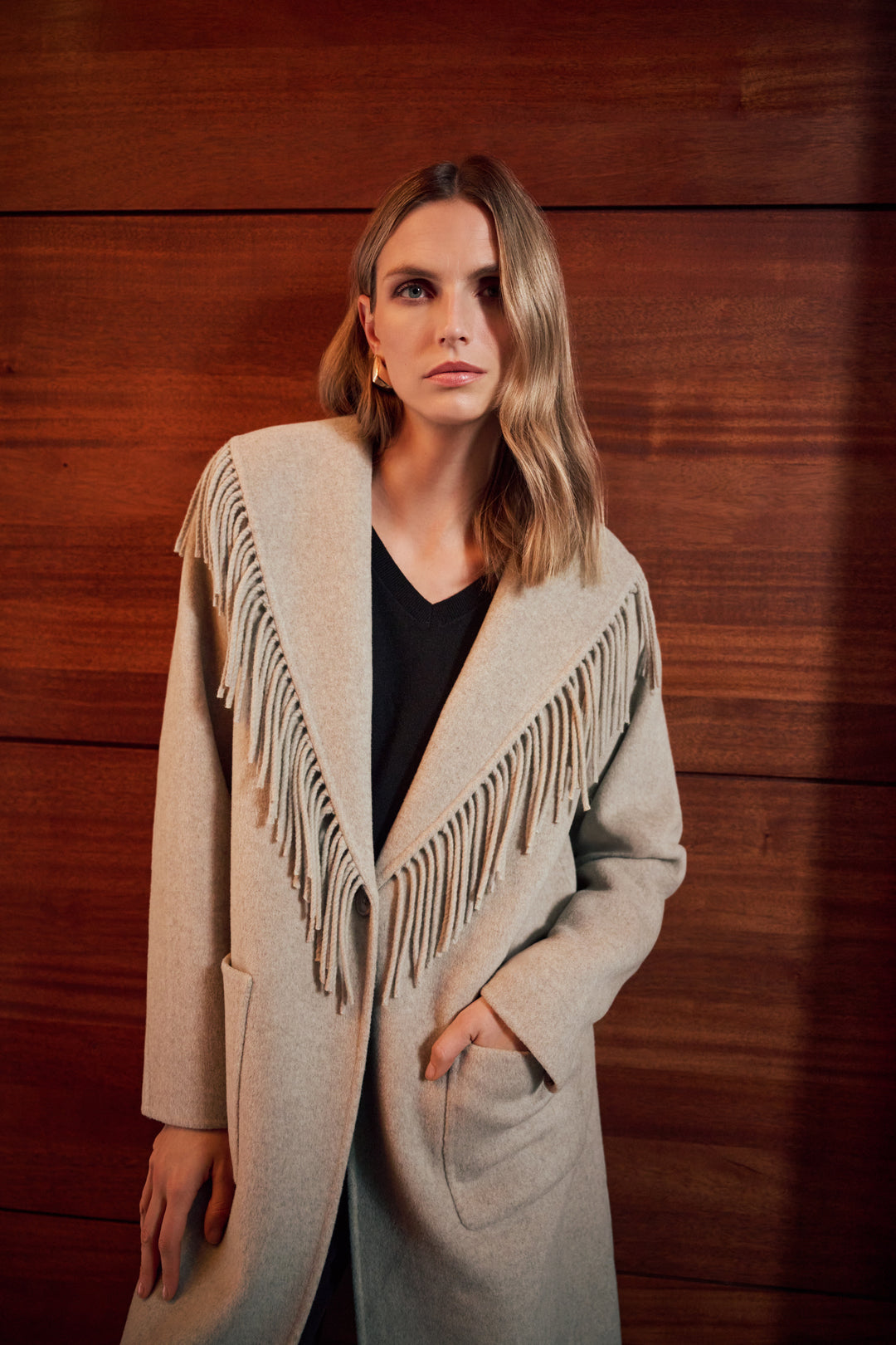 Joseph RIbkoff Wool Blend Shawl Collar Fringed Coat Style 263912.