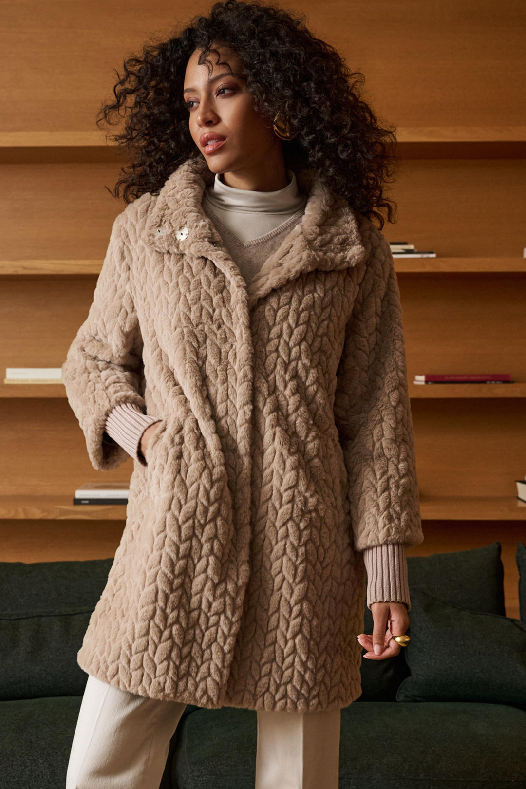 Joseph Ribkoff Textured Faux Fur Mock-Neck Coat Style 263915