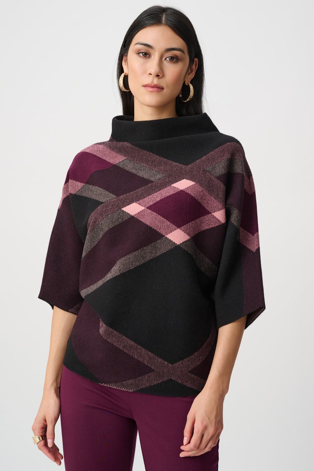 Joseph Ribkoff Brushed Plaid Funnel-Neck Sweater Style 263947
