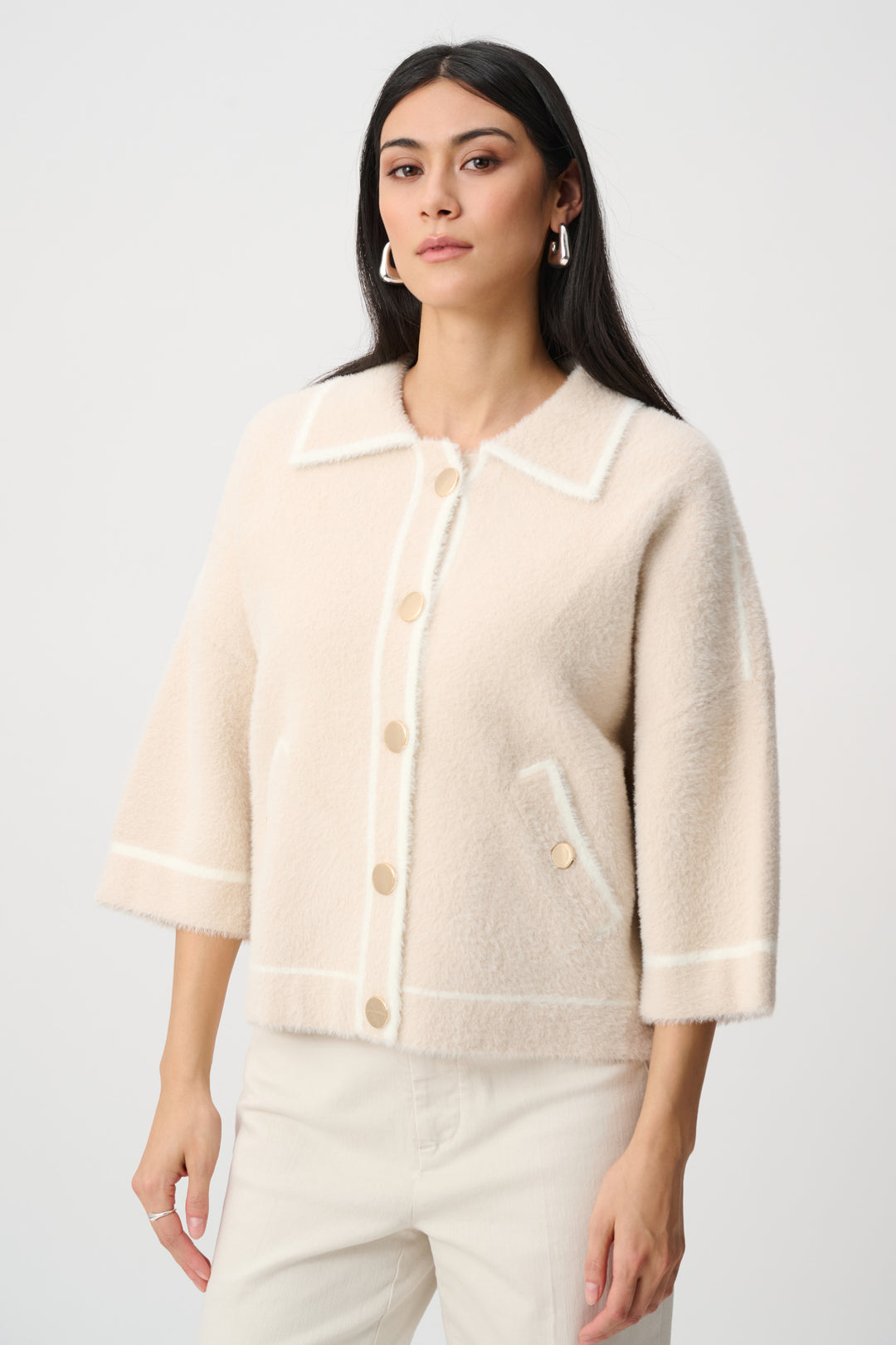 Joseph Ribkoff Feather Yarn Knit Boxy Jacket Style 263950.