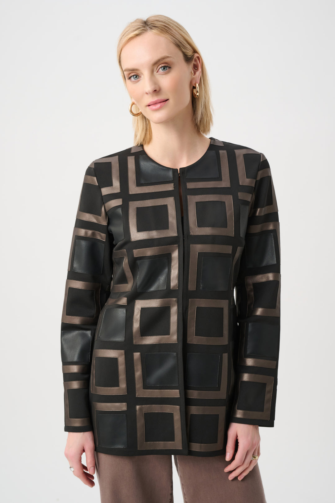 Joseph Ribkoff Leatherette Collarless Two-Tone Jacket Style 263963