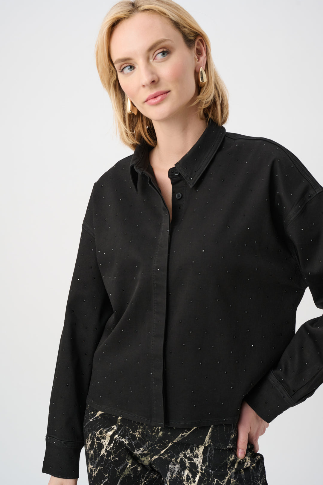 Joseph Ribkoff Denim Cropped Blouse With Rhinestone Detail Style 263965