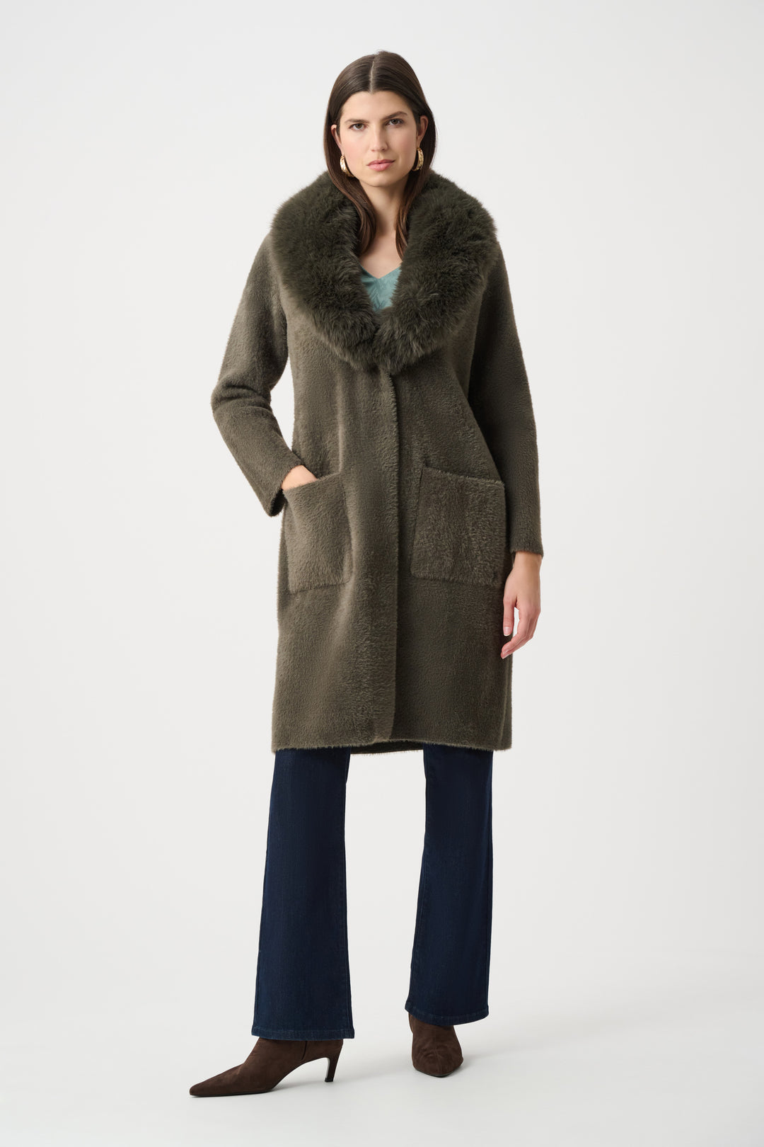 Joseph Ribkoff Feather Yarn Knit Coat With Detachable Faux Fur Collar Style 263973.