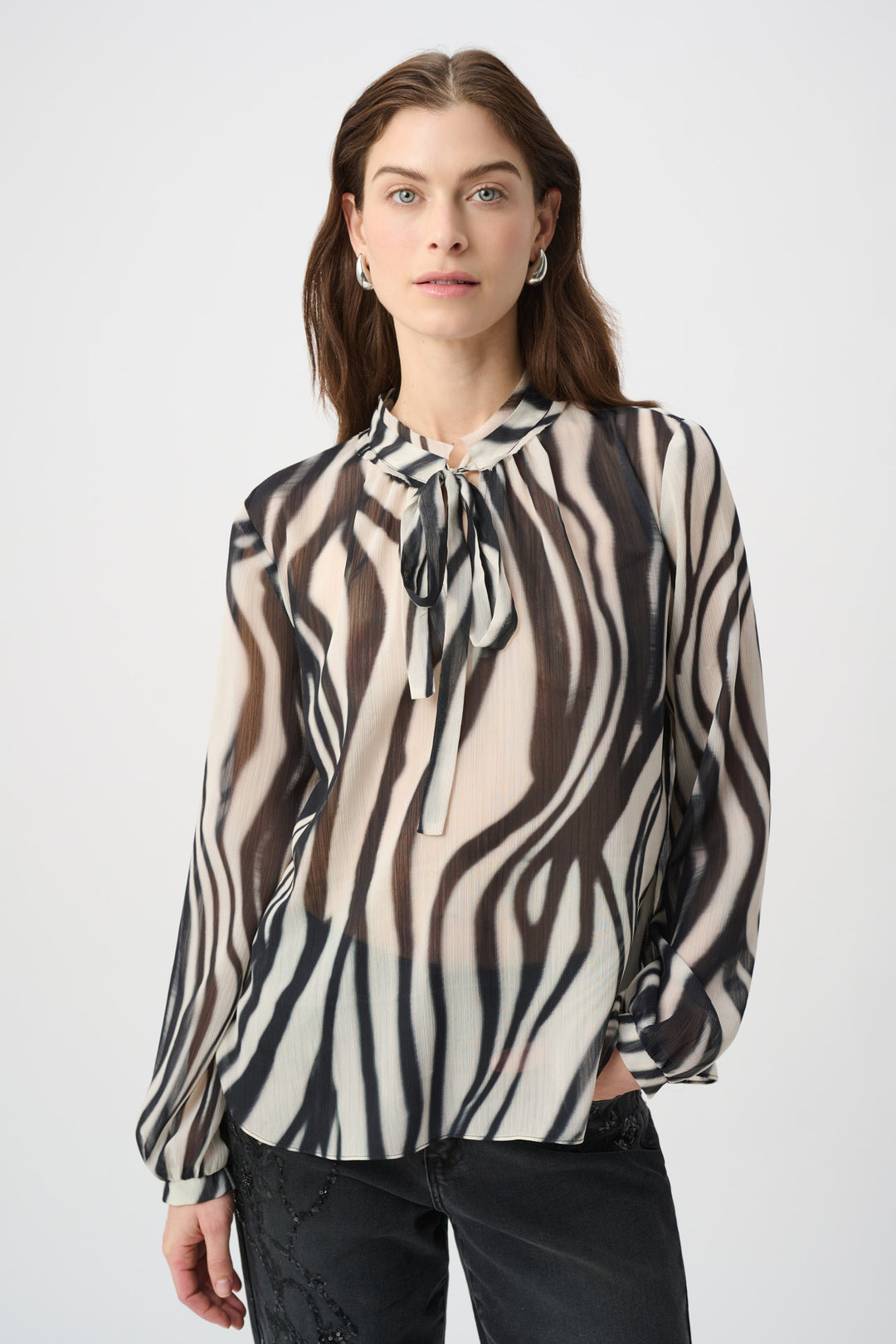 Joseph Ribkoff Animal Print Chiffon Tie-Neck Blouse Style 264023