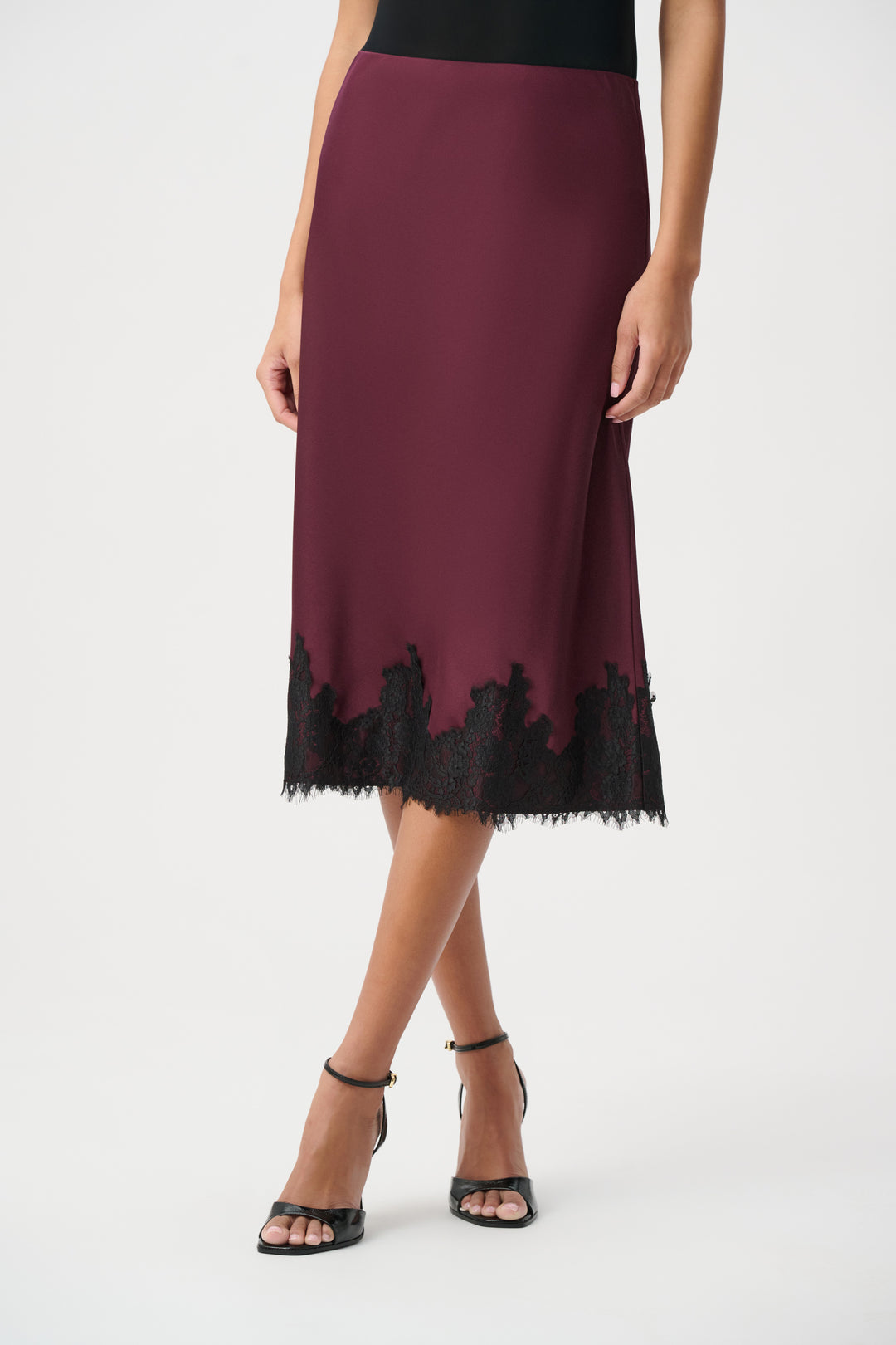 Joseph Ribkoff Lace Trim Satin Midi Skirt Style 264037