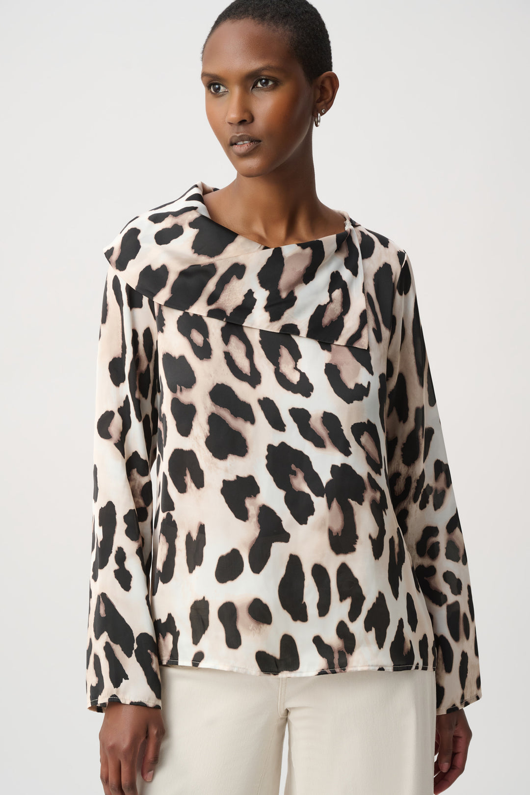 Joseph Ribkoff Asymmetric Cowl Neck Satin Animal-Print Top Style 264204