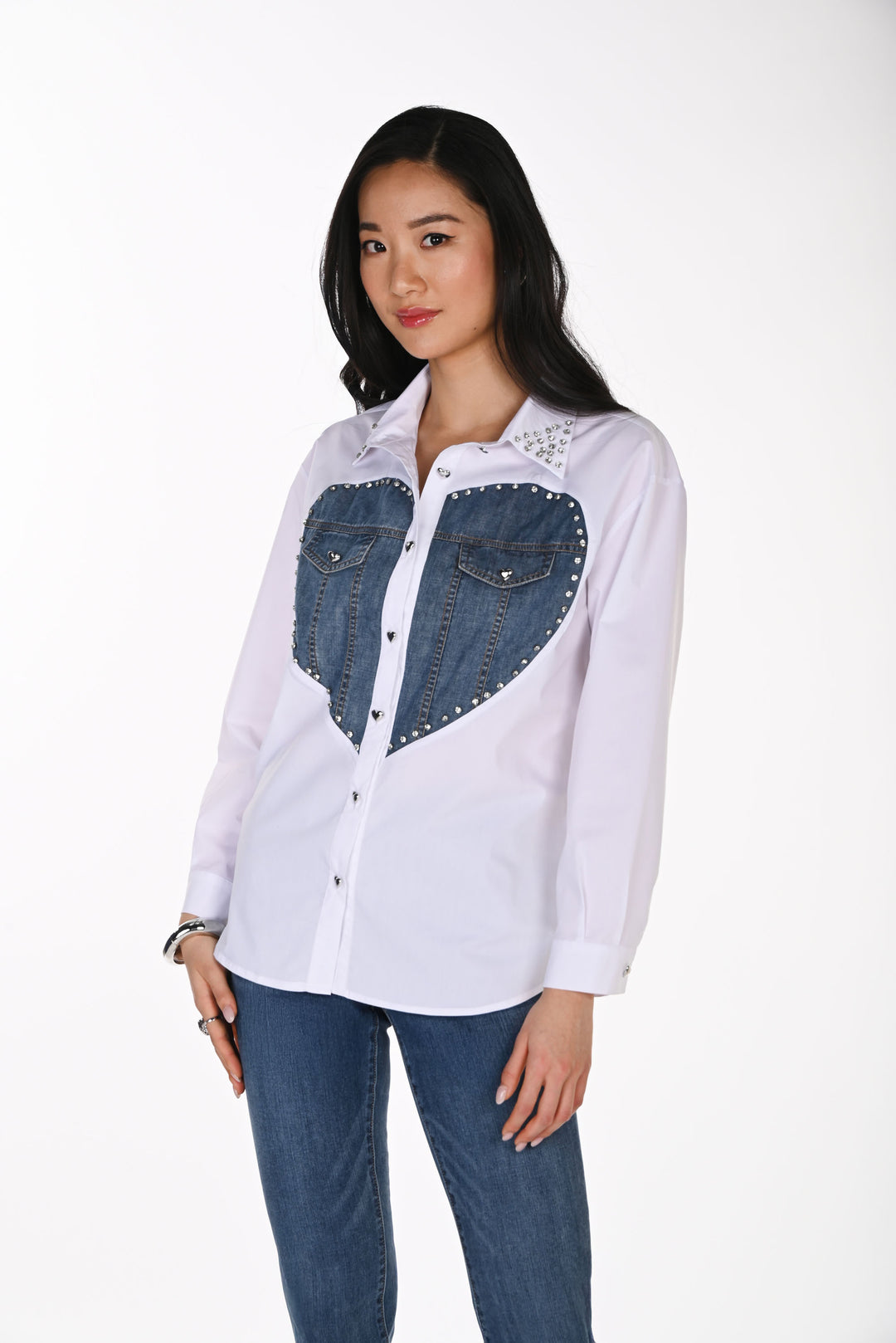 Frank Lyman Relaxed Fit Blouse With Denim Heart Panel Style 264854