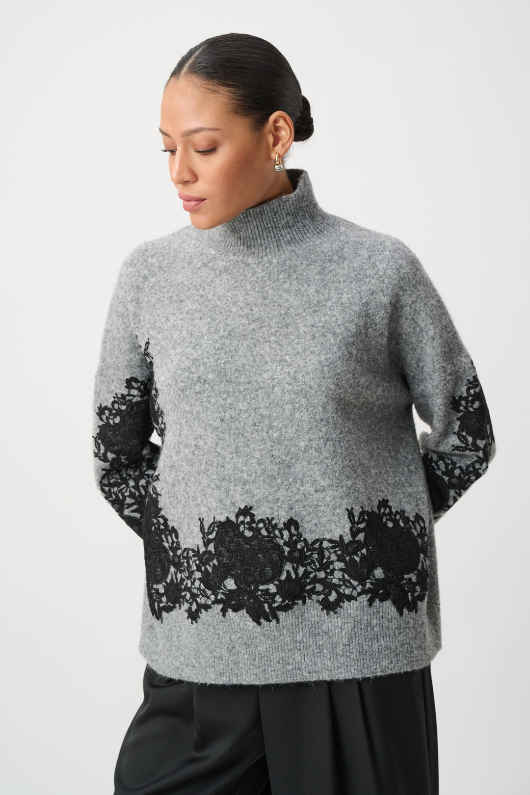 Joseph Ribkoff Lace Applique Mock Neck Sweater Style 264935
