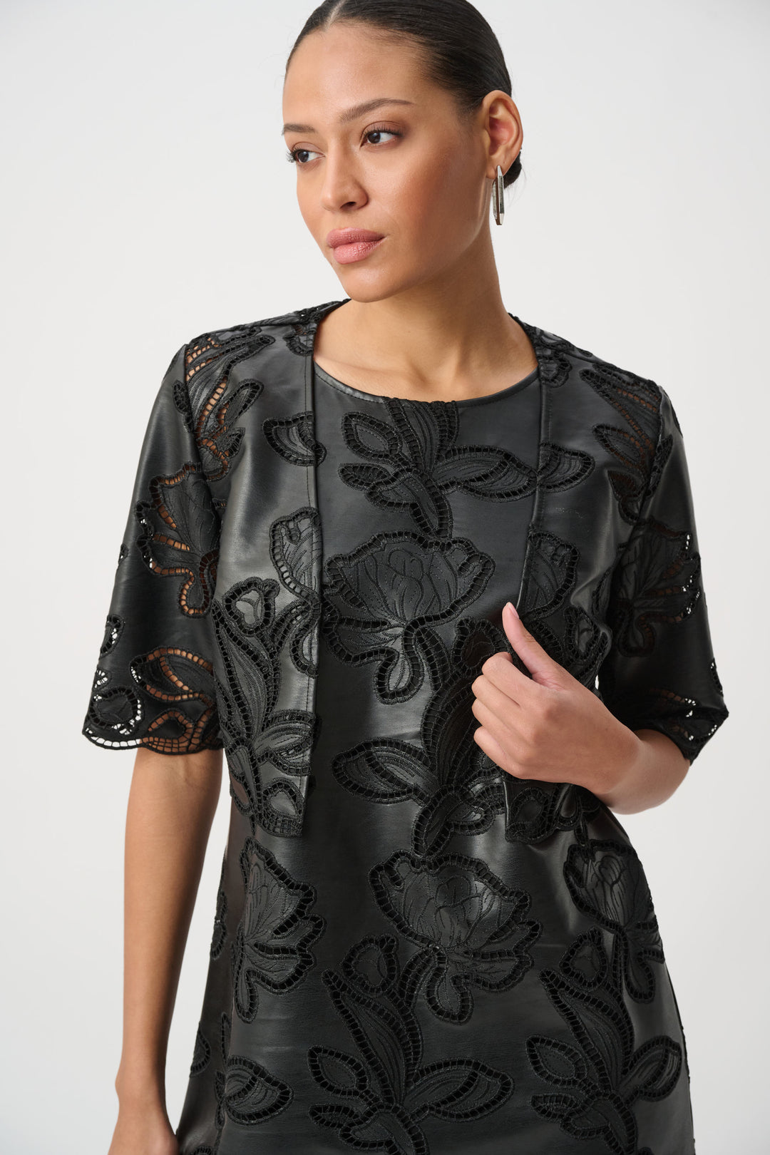Joseph Ribkoff Faux Leather Embroidered Bolero Style 264938