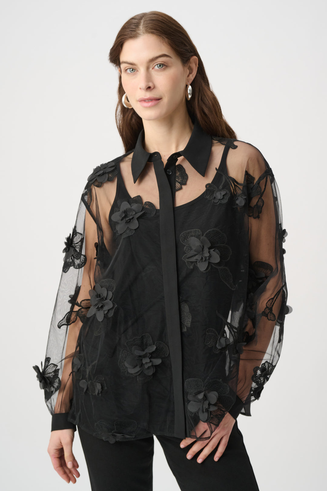 Joseph Ribkoff Sheer Textured Flower Appliqué Blouse Style 264945