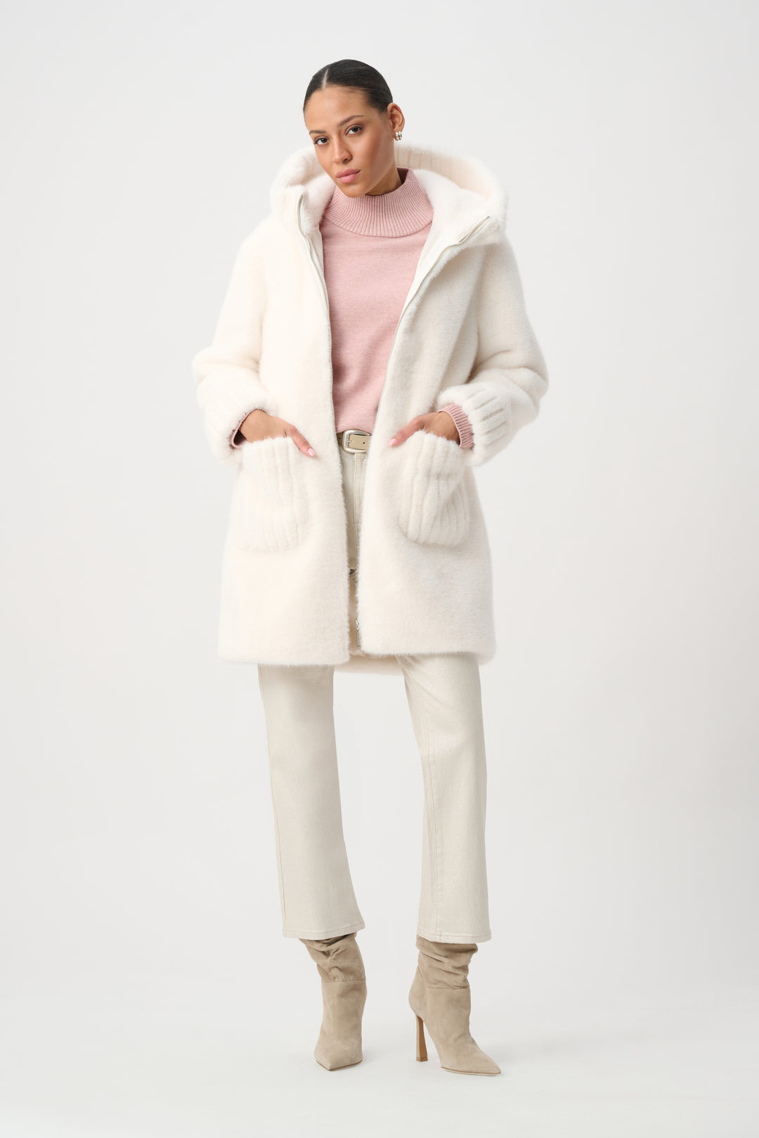 Joseph Ribkoff Knit Faux Fur Hooded Coat Style 264947.