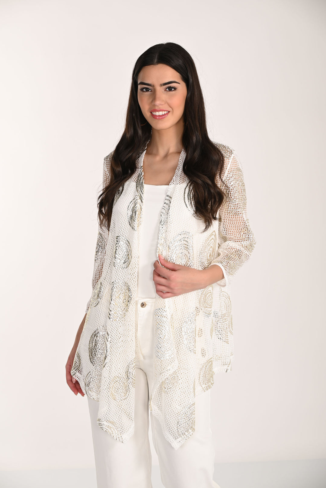 Frank Lyman Jeweled Abstract Open-Front Cardigan Style 266121