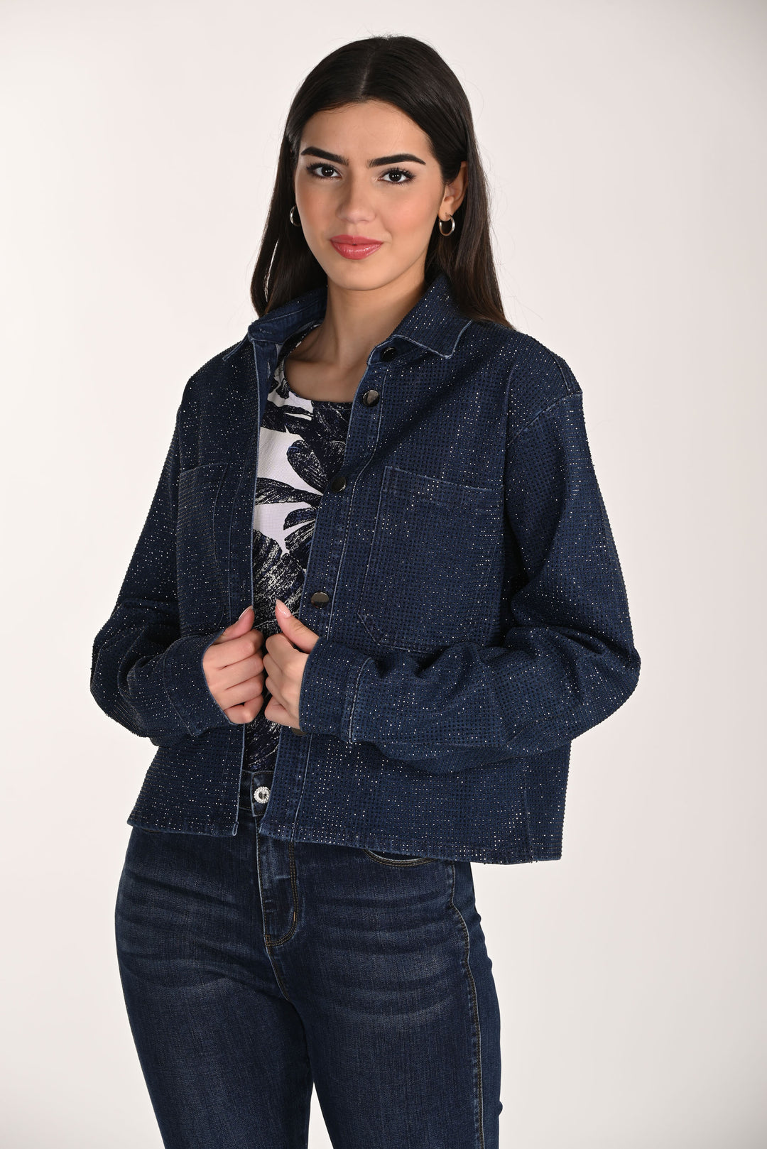 Frank Lyman Jeweled Collared Denim Jacket Style 266509