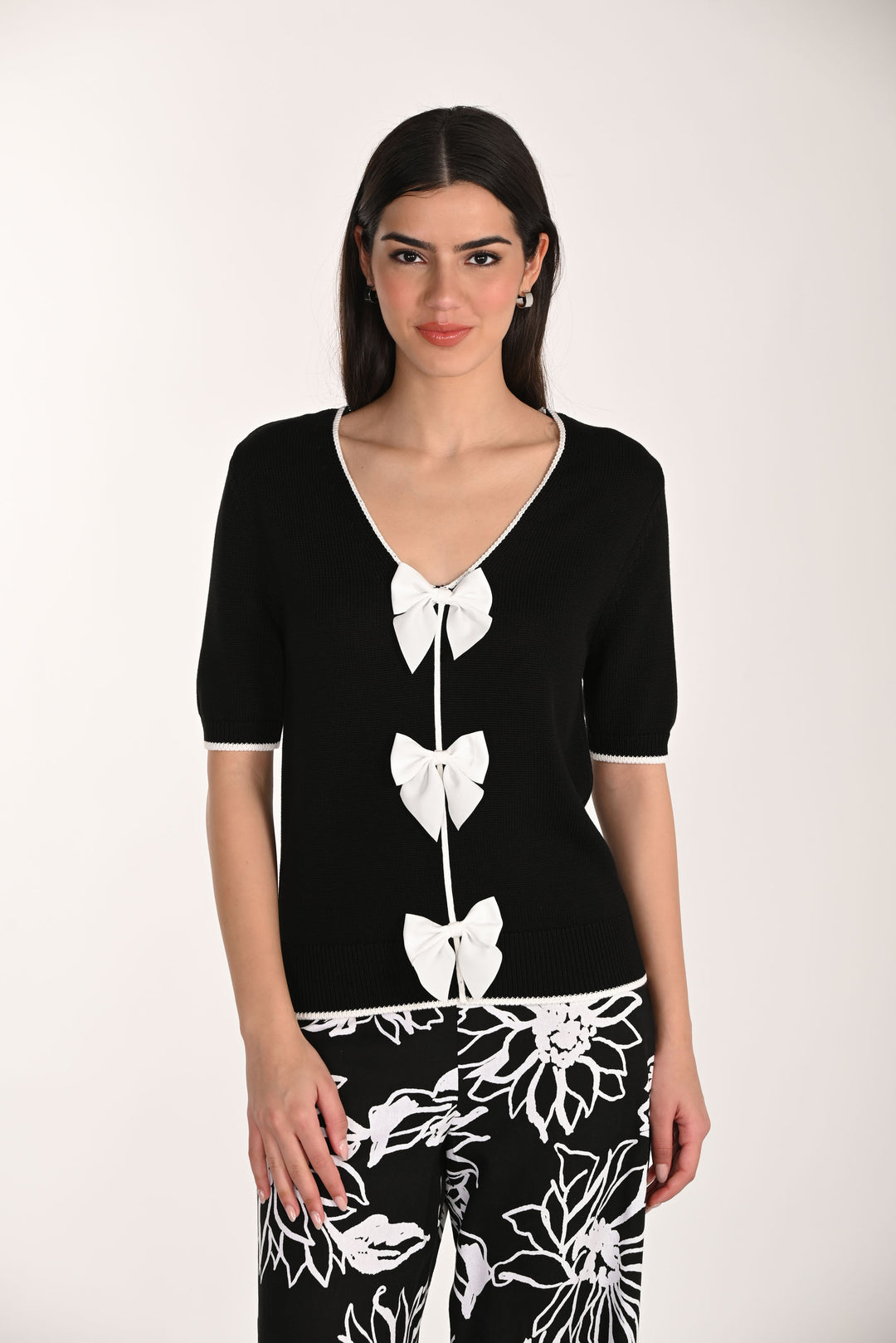 Frank Lyman Black V-Neck Top with Ribbon Detailing Style 266525
