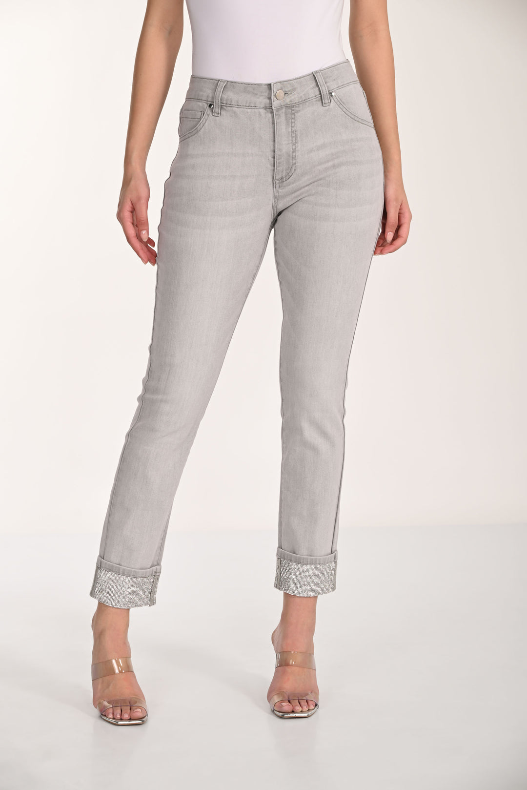 Frank Lyman Light Grey Slim-Fit Jeans with Embellished Cuff Style 266594