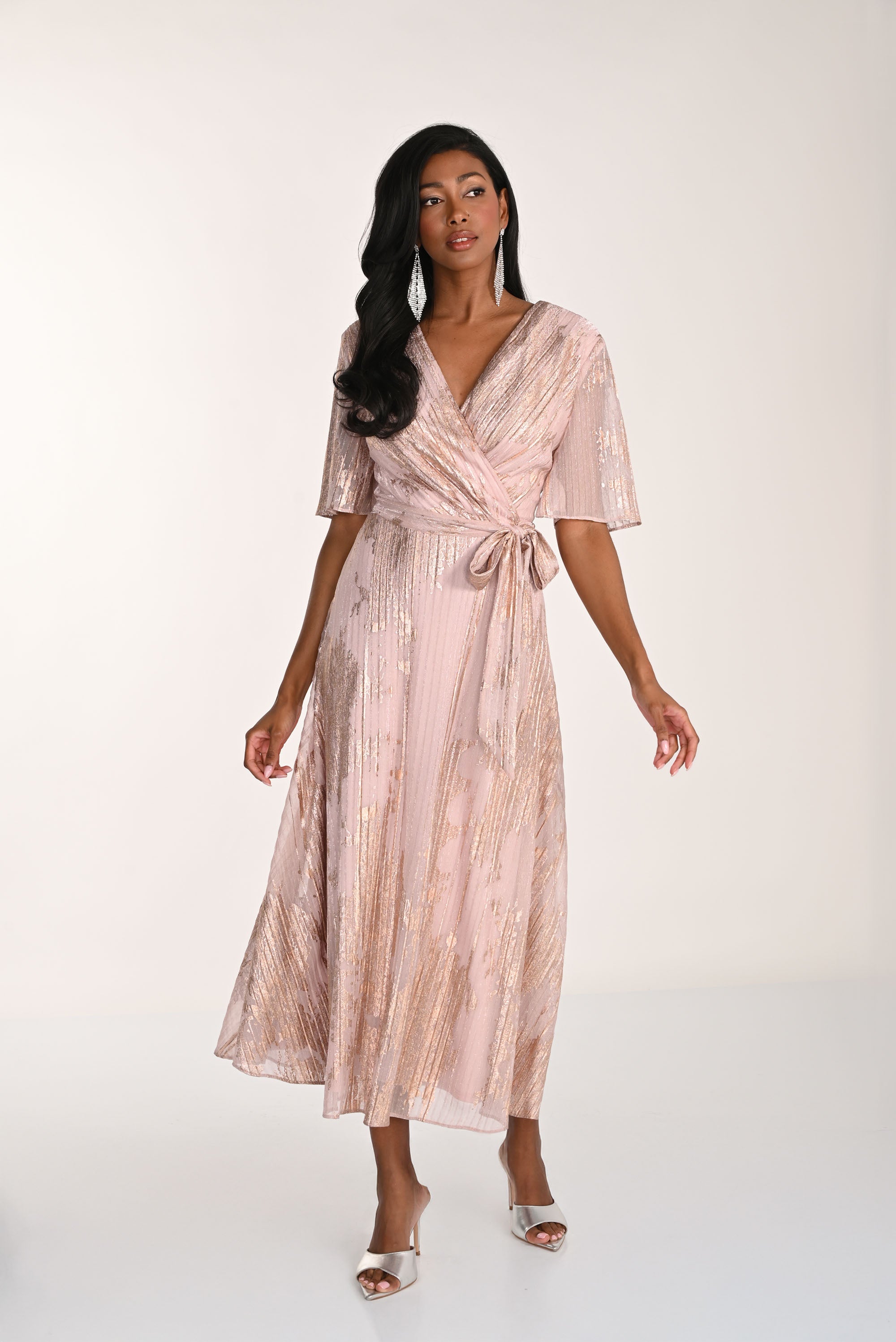 Frank Lyman Foil Print Elegant V-neck Midi Wrap Dress Style 268305 DECABANA Frank Lyman Foil Print Elegant V-neck Midi Wrap Dress Style 268305 DECABANA