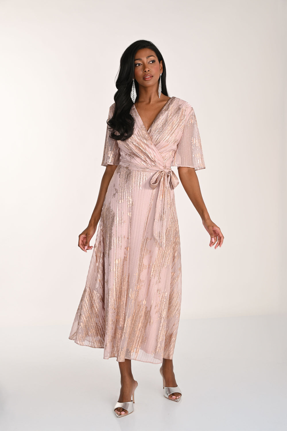 Frank Lyman Foil Print Elegant V-neck Midi Wrap Dress Style 268305