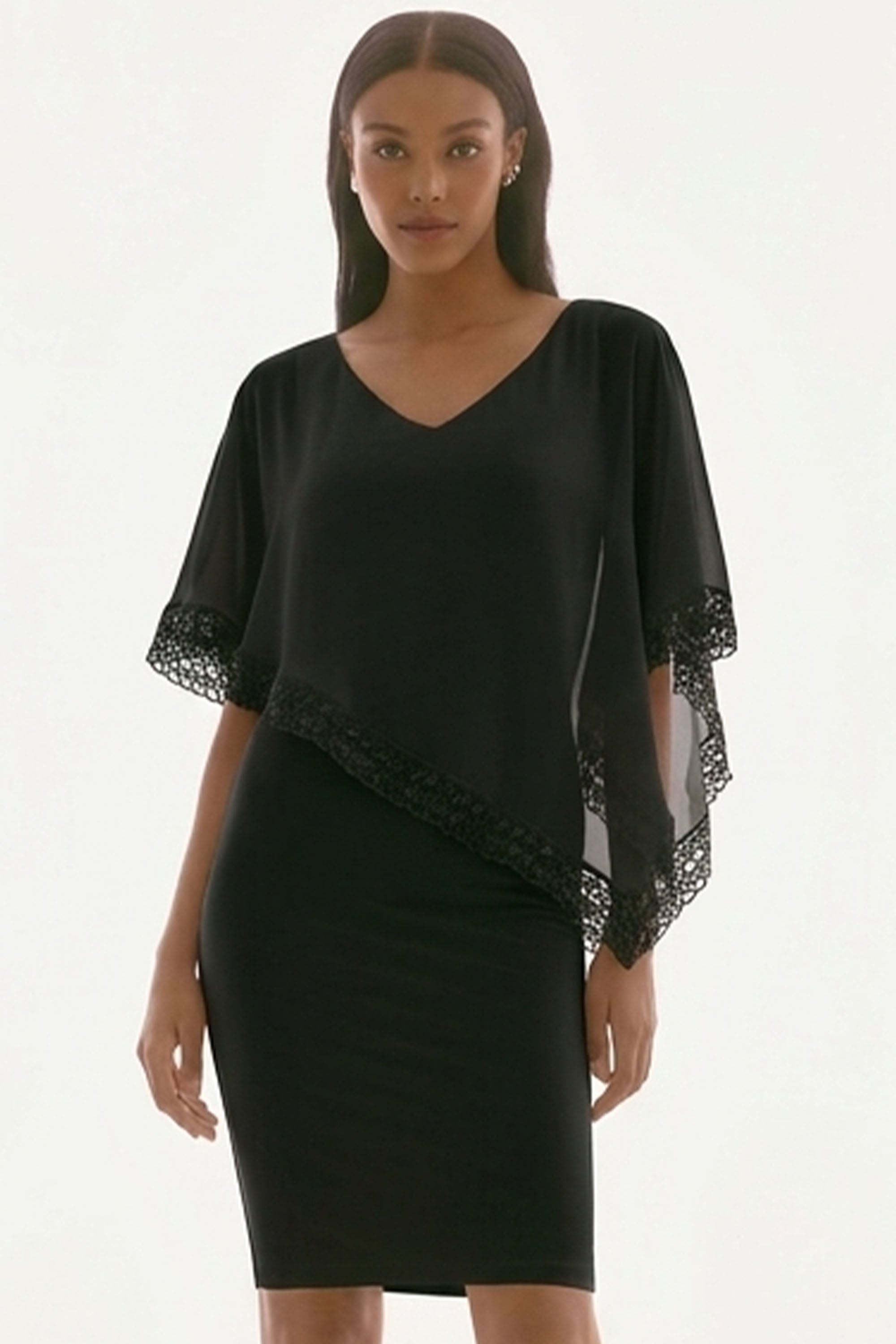 poncho cocktail dress Short cocktail dress with sequinned skirt and sheer black ruffled poncho