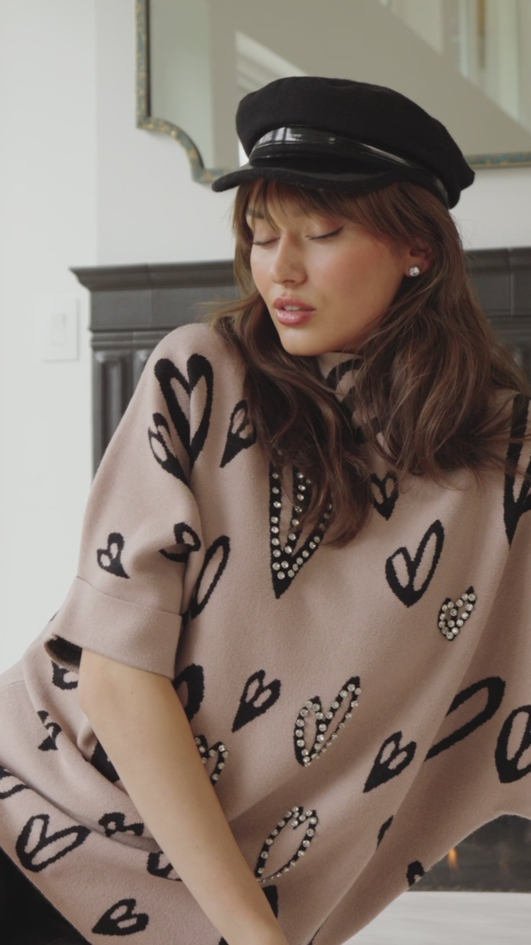 Frank Lyman Beige/Black Mock Neck Jewel Embellished Pullover Style 253721