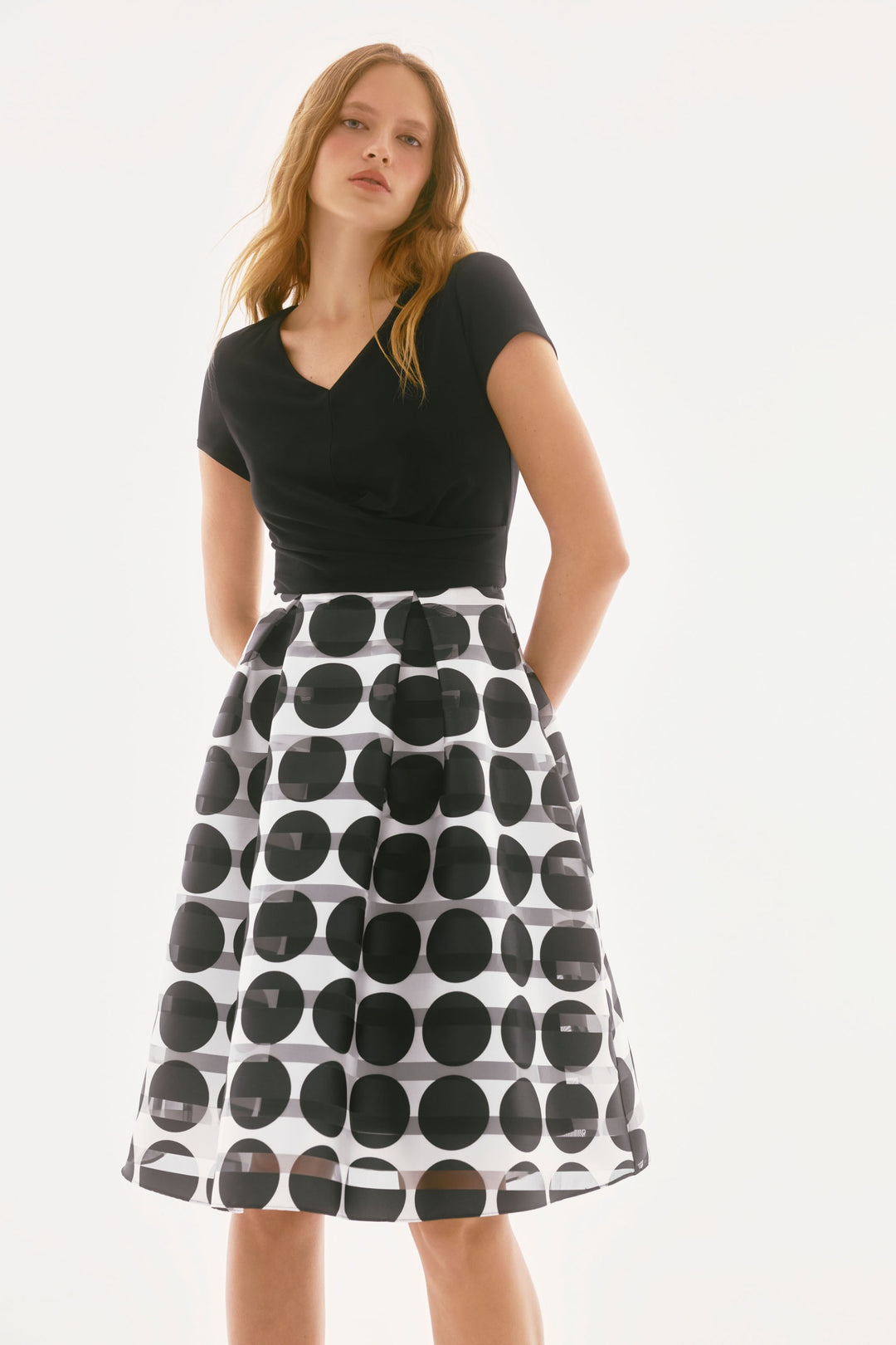 Joseph Ribkoff Black/Vanilla Silky Knit And Novelty Dot Full Skirt Dress Style 251754.